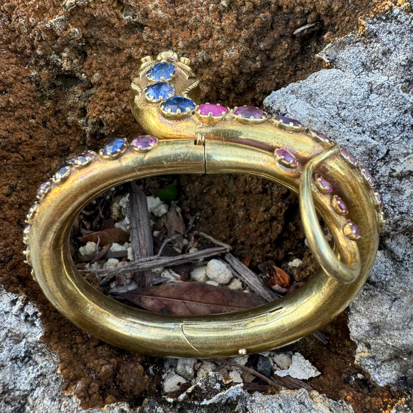 Mid 1800’s 15k Yellow Gold Blue And Pink Sapphire Encrusted Snake Bracelet (6”-7”)