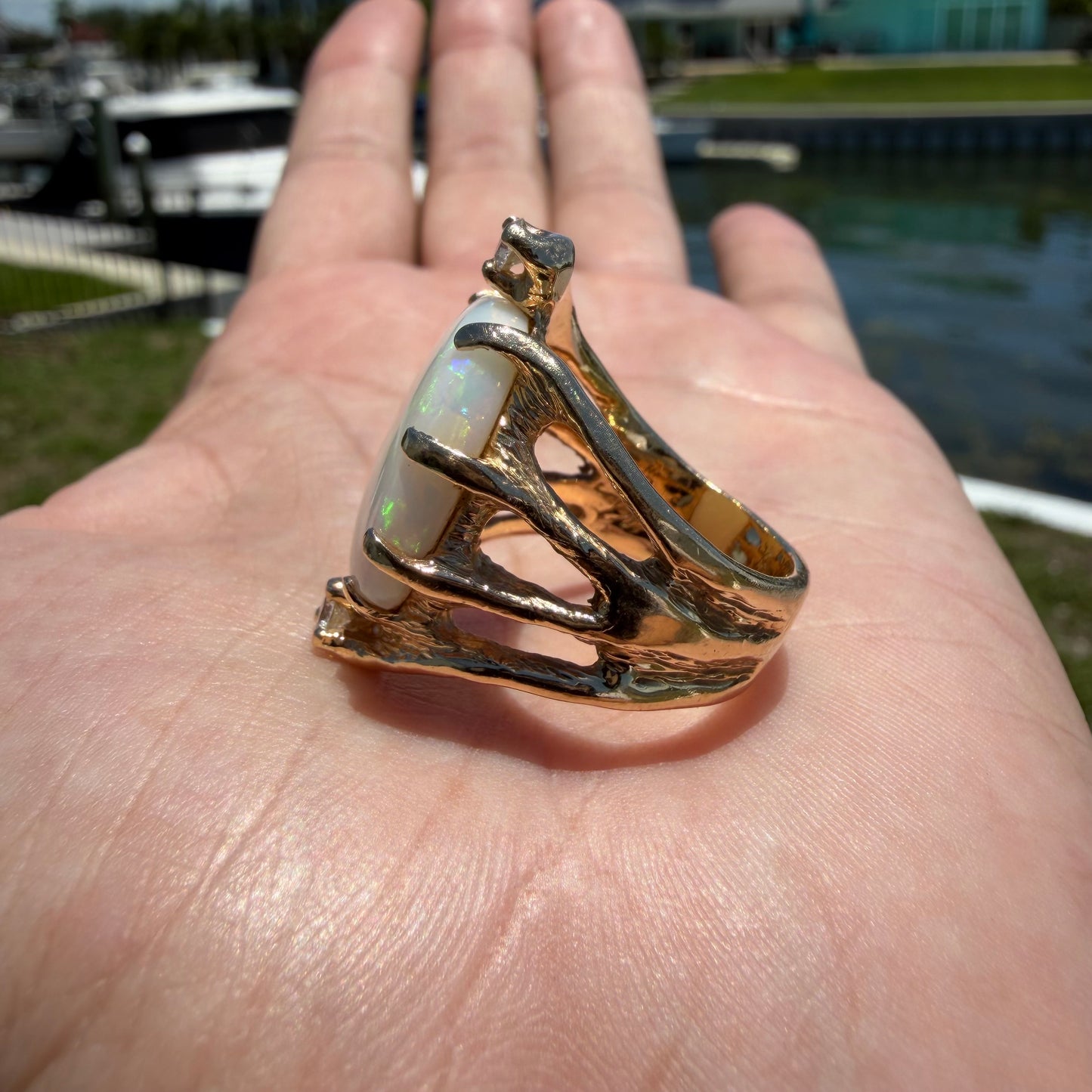 Vintage Artisan Crafted Solid 14k Yellow Gold Natural White Opal And Diamond Brutalist Ring (8)