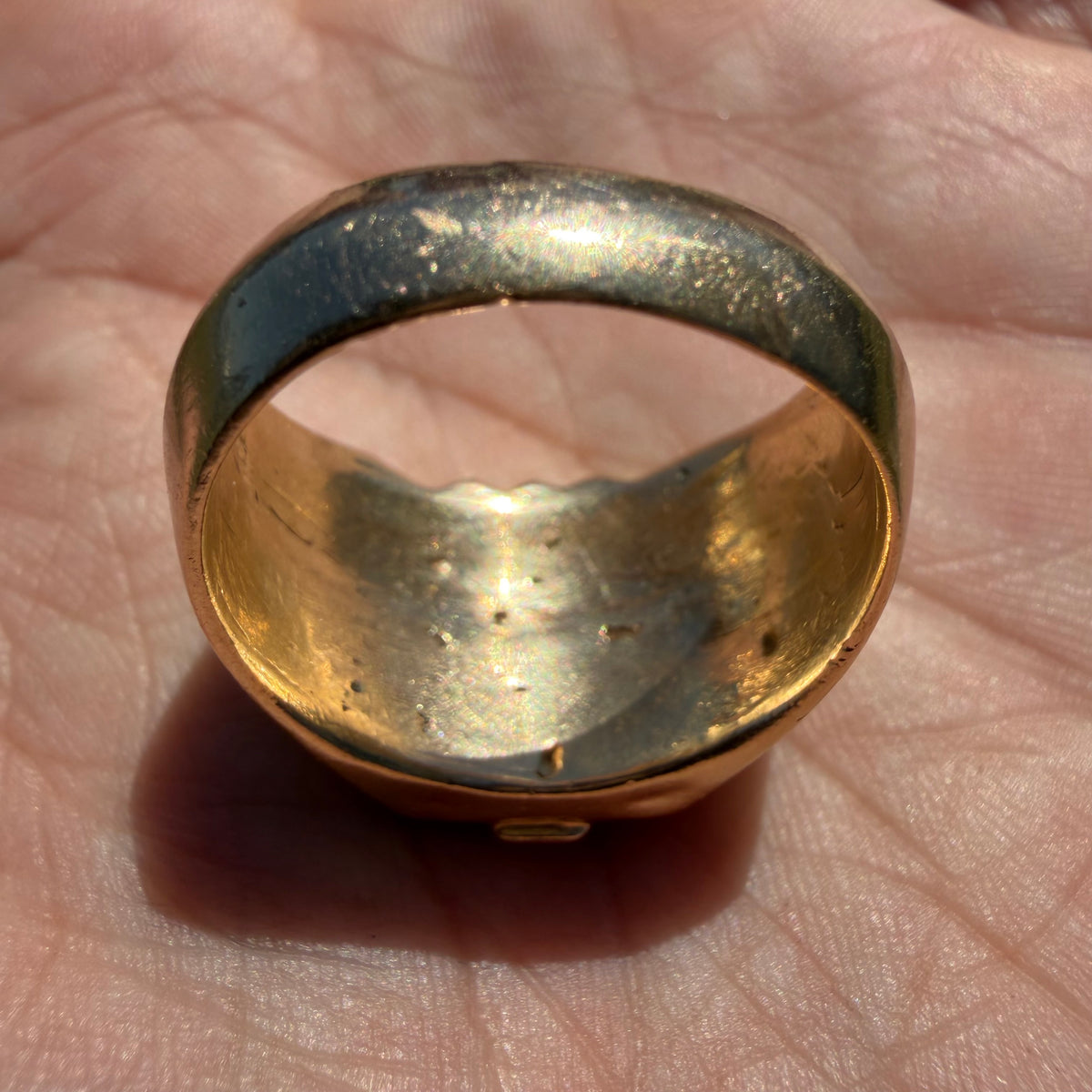 Mid-Century Solid 14k Yellow Gold Heavyweight Turquoise Thunderbird Signet Ring (11.5)