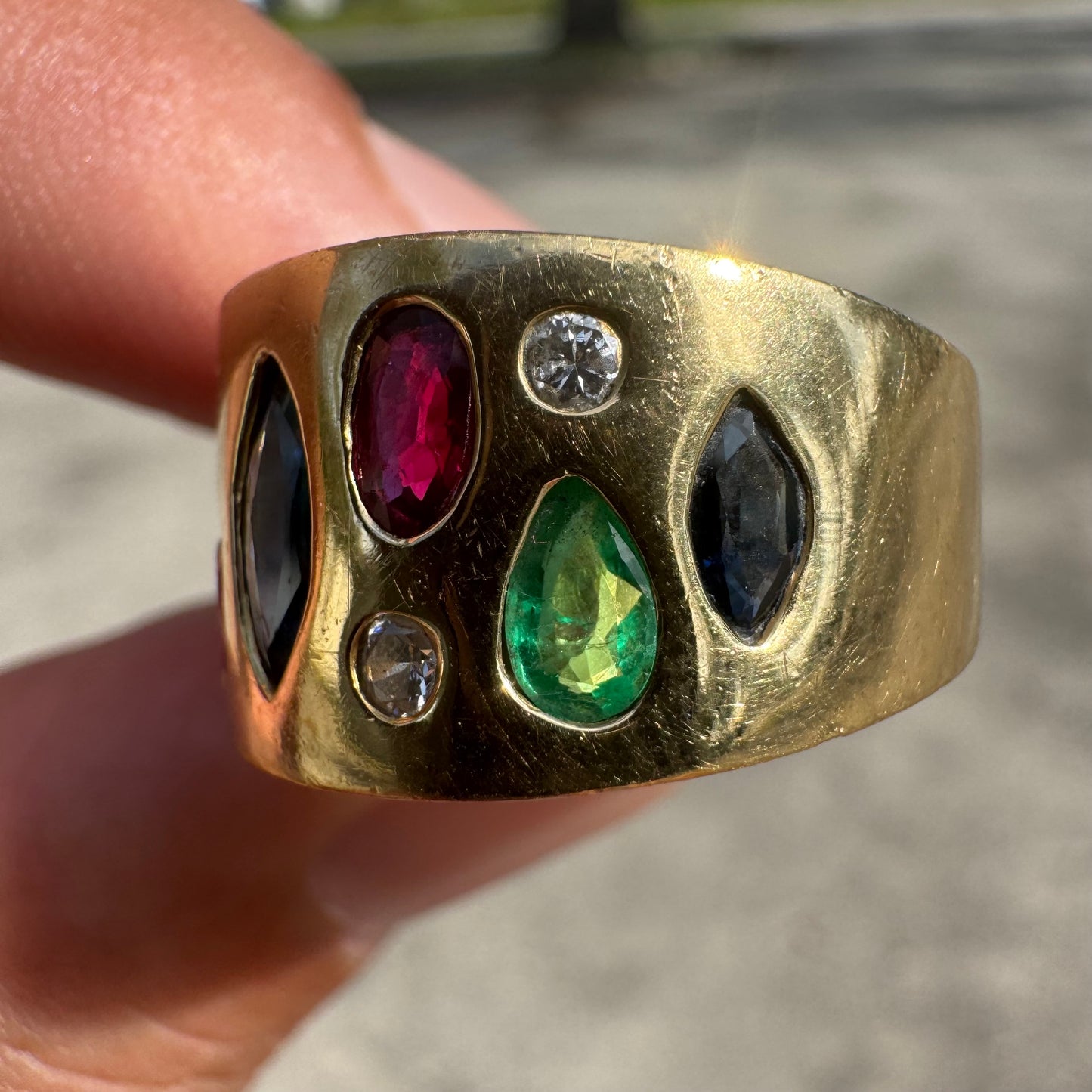 Custom Solid 18k Yellow Gold 2.35ctw Flush Set Natural Sapphire, Ruby, Emerald, And Diamond Tapered Cigar Band (7)