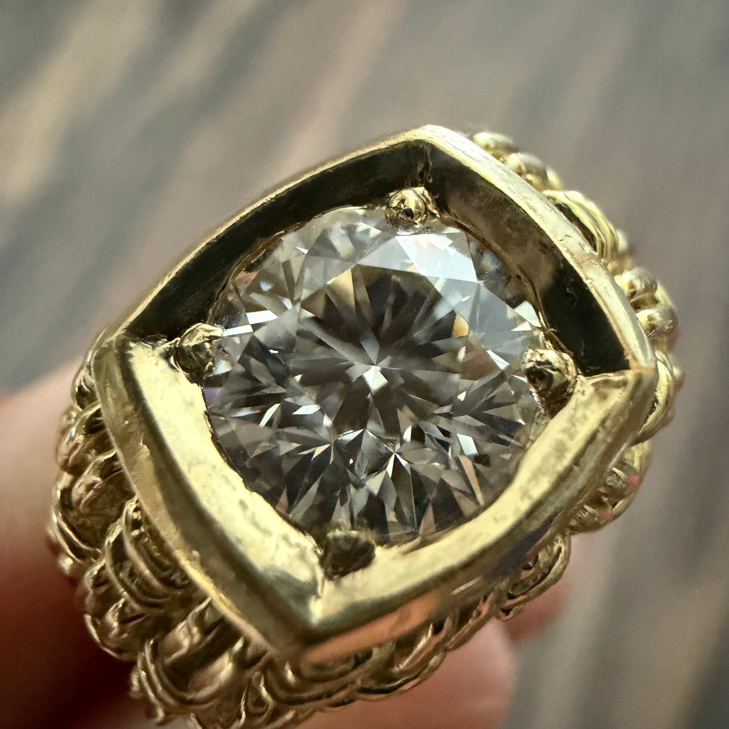 Vintage 2.0ct Natural VS1/I Old Euro Cut Diamond Solid 18k Yellow Gold Basket Weave Solitaire Ring(8)