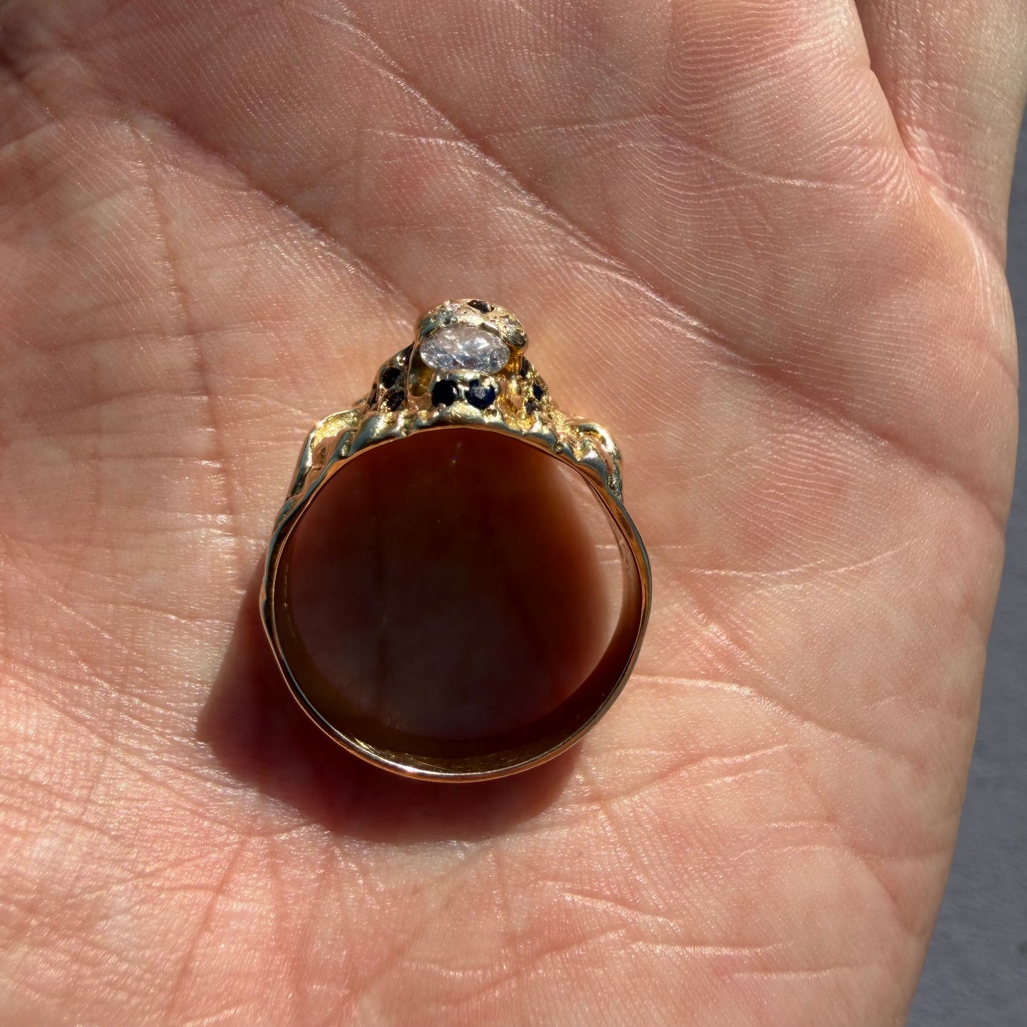 Vintage Solid 14k Yellow Gold Natural Diamond And Sapphire Encrusted Lion Ring (10.5)