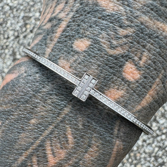 Tiffany & Co. Diamond T Hinged 18k White Gold Wire Bangle Bracelet (6.5”)