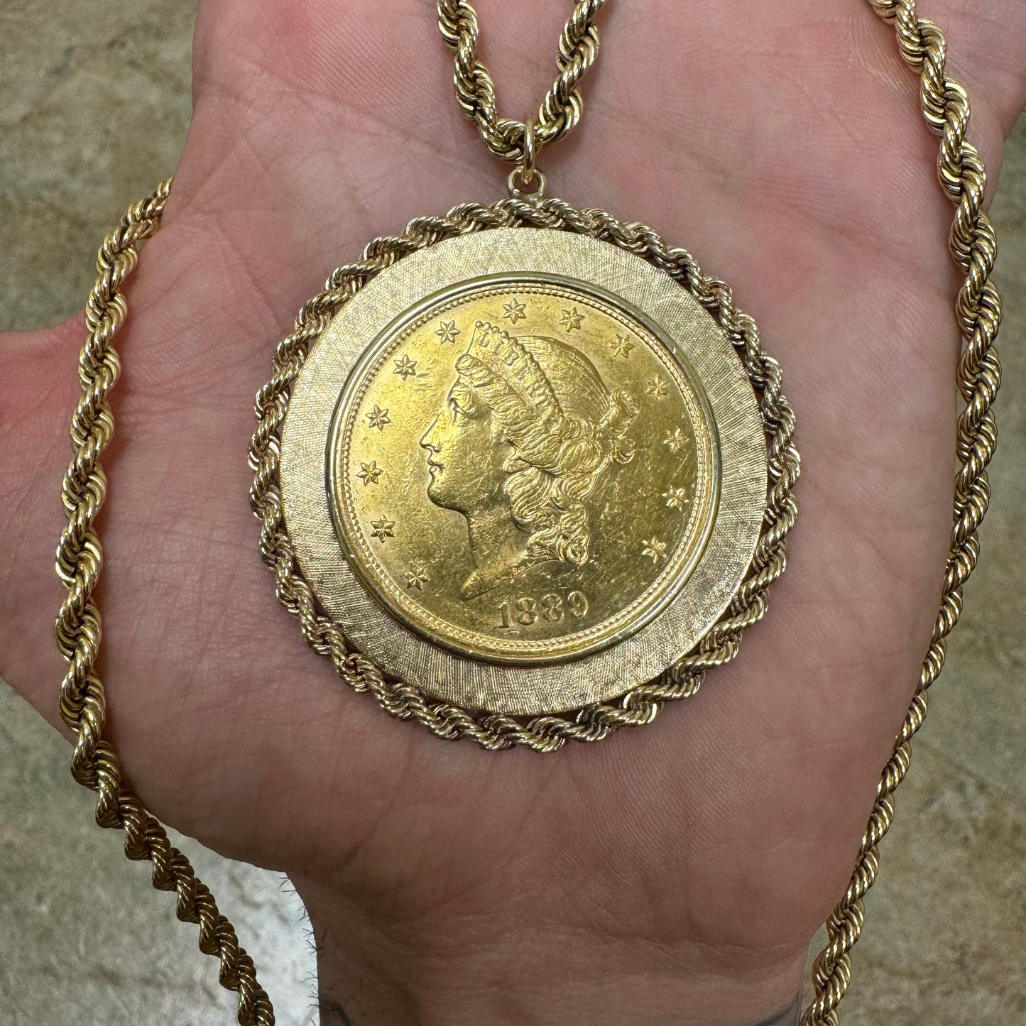 1889 $20 Liberty Head Double Eagle Gold Coin Large 14k Pendant