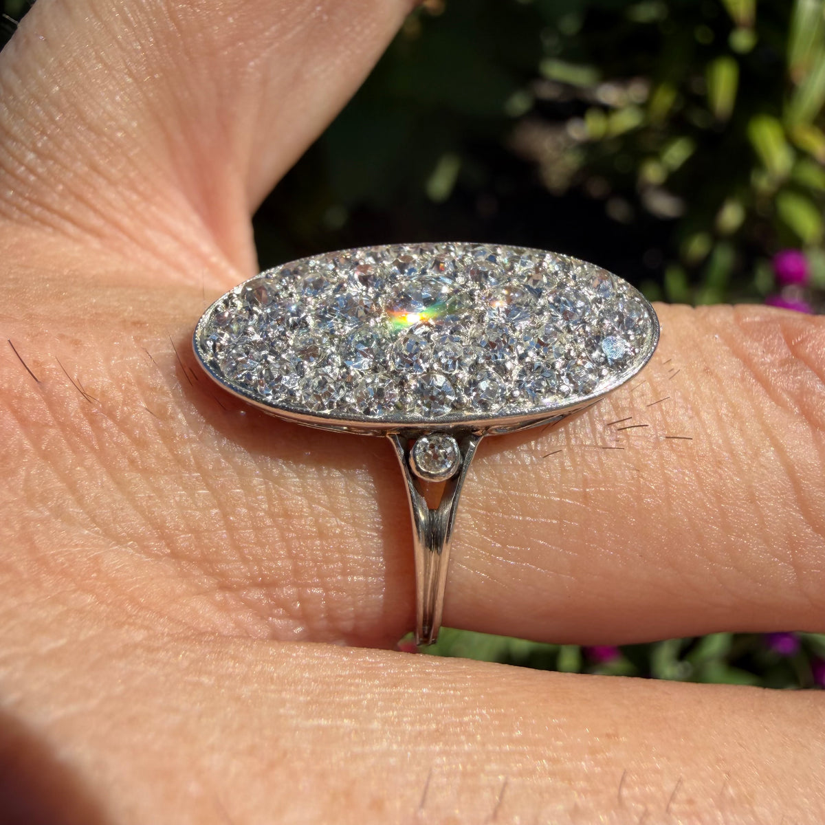 Victorian Solid Platinum 2.25ctw Natural Old Mine Cut Diamond Cluster Oval Navette Ring (7.5)