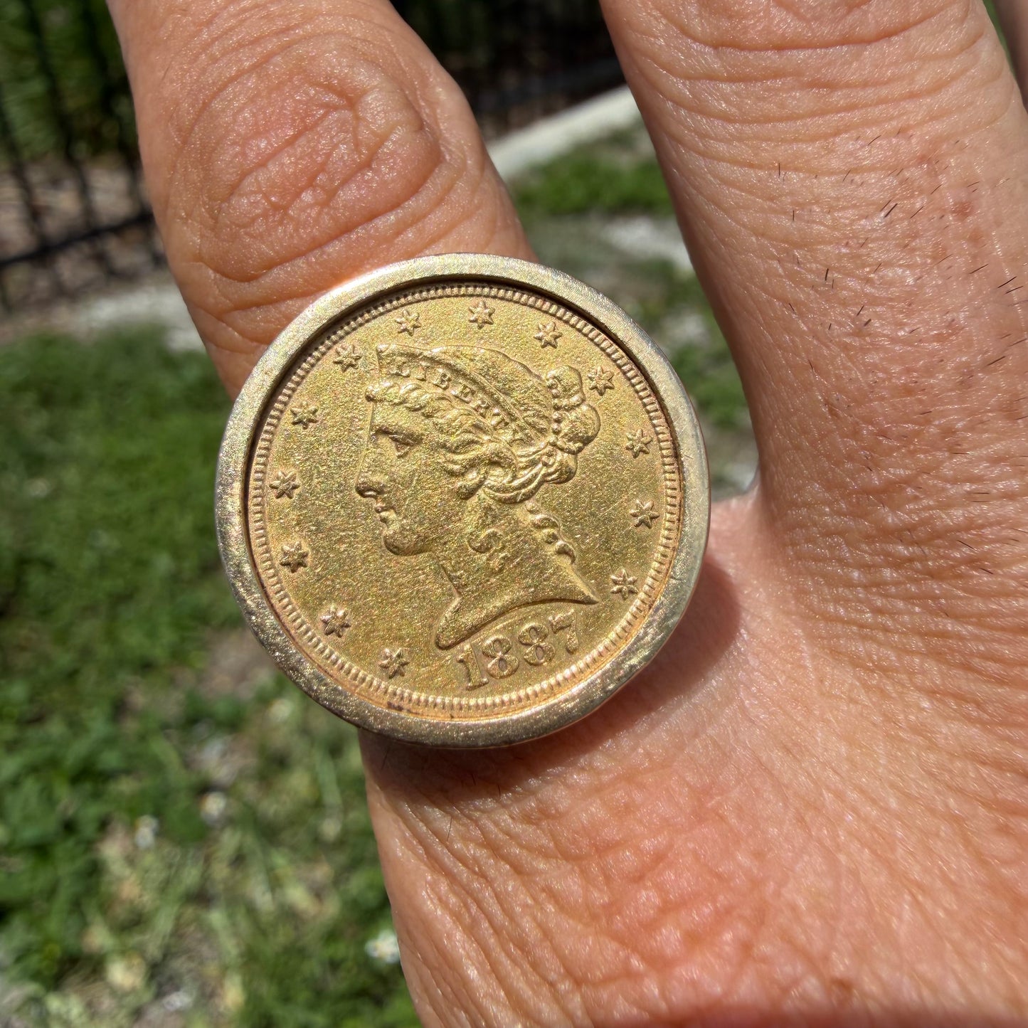 Vintage Bezel Set Solid 14k Yellow Gold 1887 $5 Liberty Coin Ring