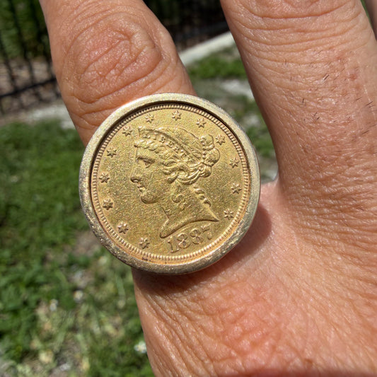 Vintage Bezel Set Solid 14k Yellow Gold 1887 $5 Liberty Coin Ring