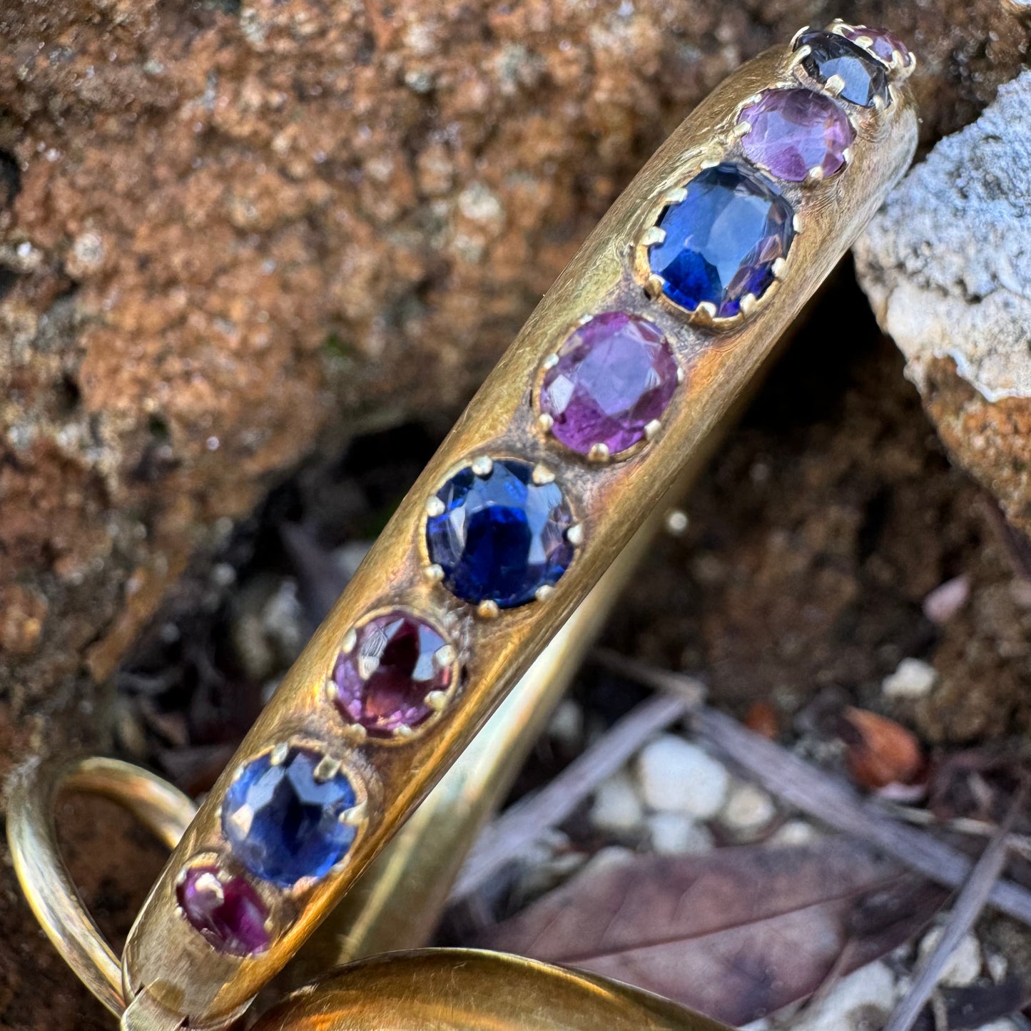 Mid 1800’s 15k Yellow Gold Blue And Pink Sapphire Encrusted Snake Bracelet (6”-7”)