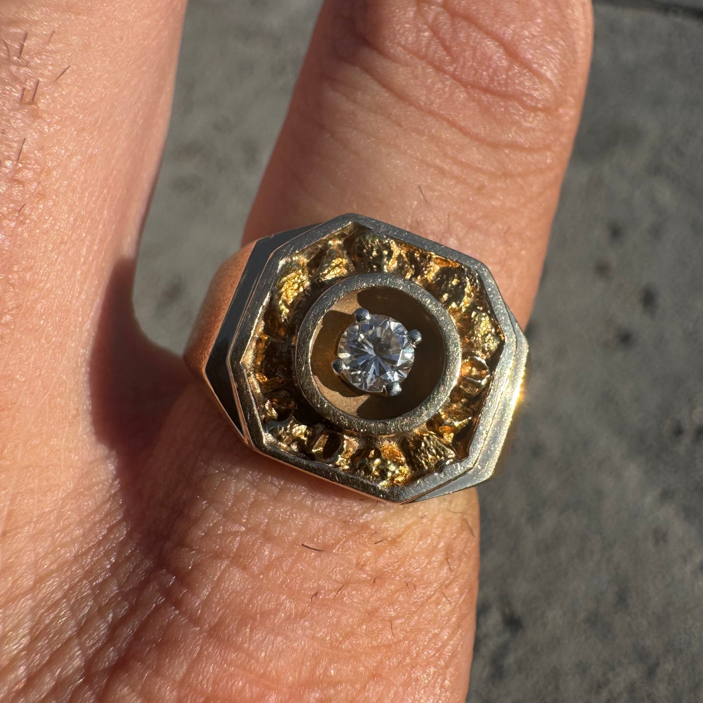 Vintage 14k Yellow Gold .35ct Natural Diamond 22k Raw Gold Nugget Inlaid Signet Ring (8.5)