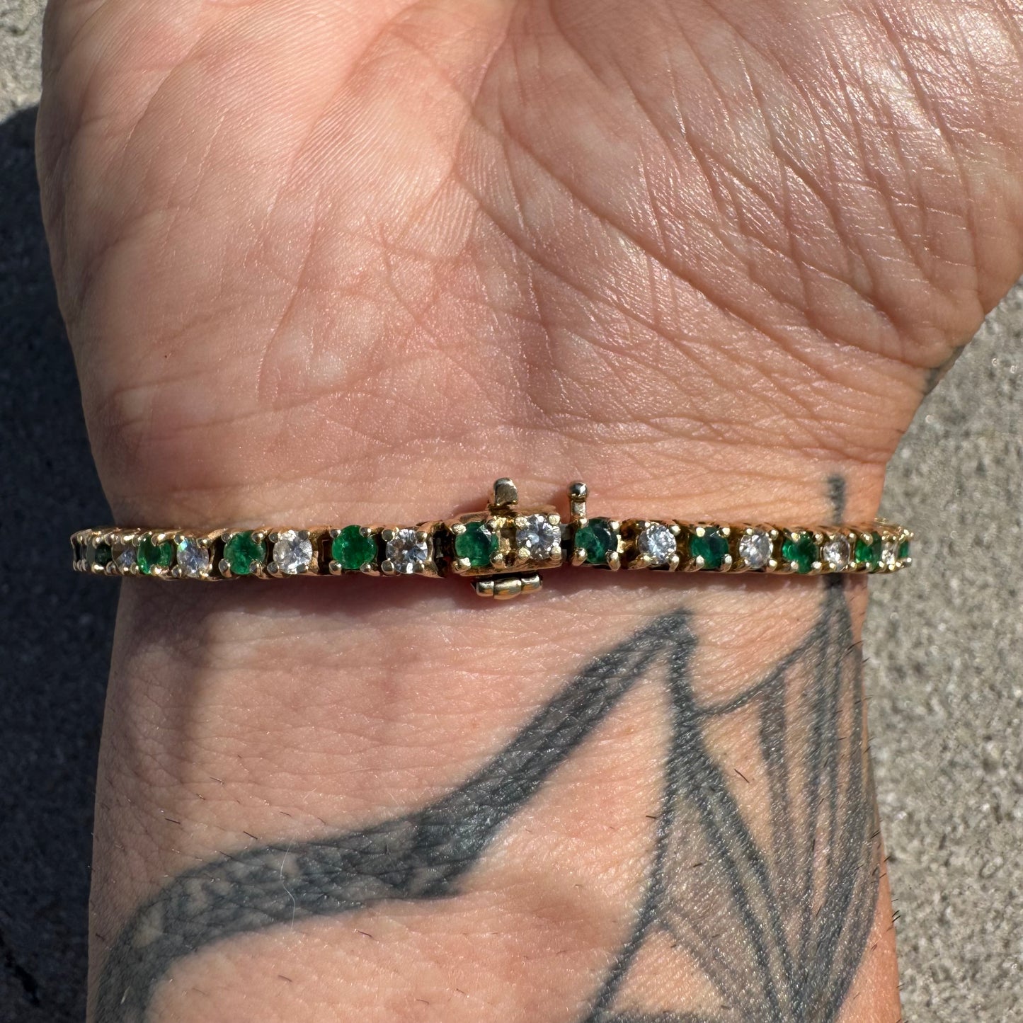 Vintage 14k Yellow Gold 3.5ctw Natural Diamond And Emerald Classic Tennis Bracelet (7.25”)