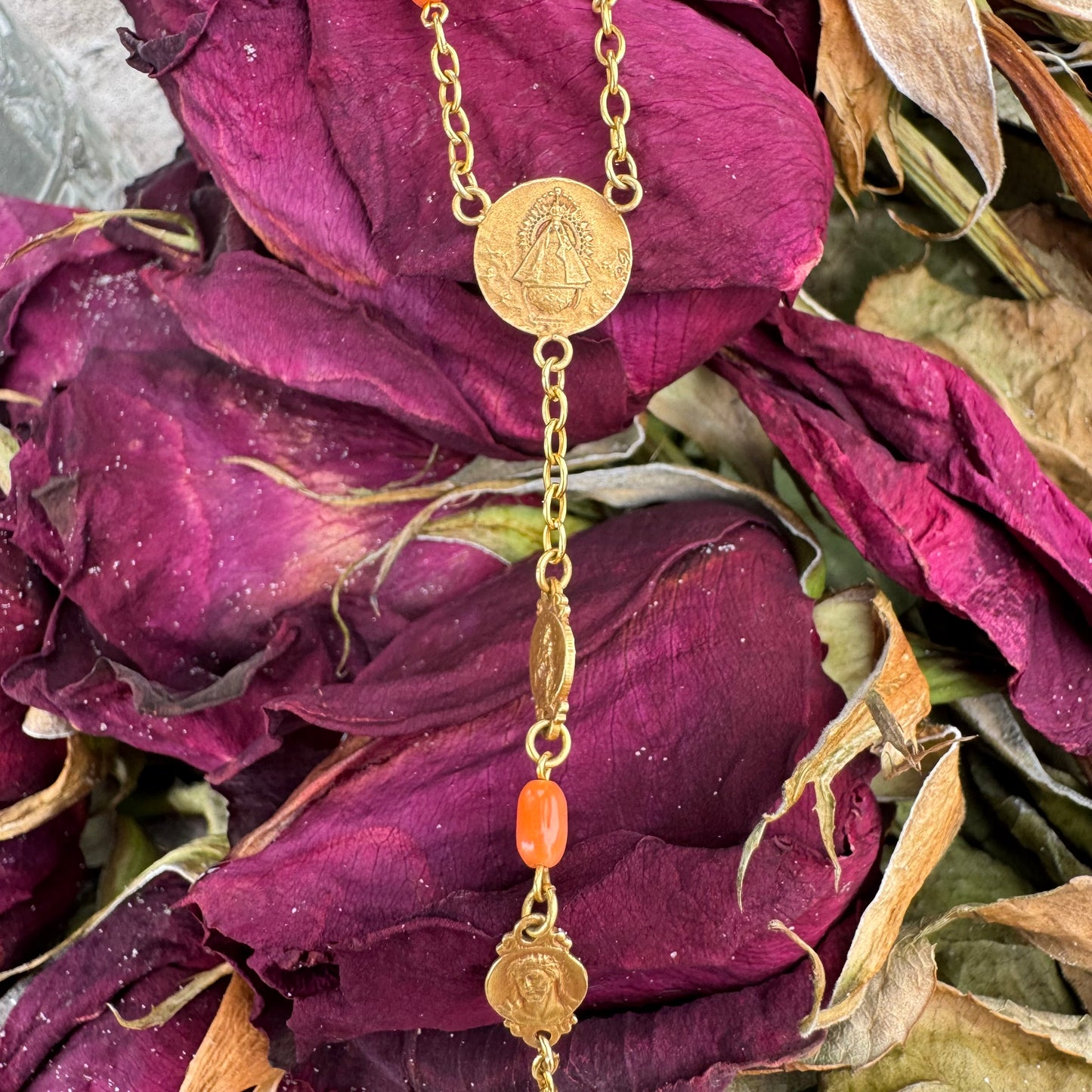 Antique French Hallmarked 18k Yellow Gold Angel Skin Coral Rosary Necklace (23”)