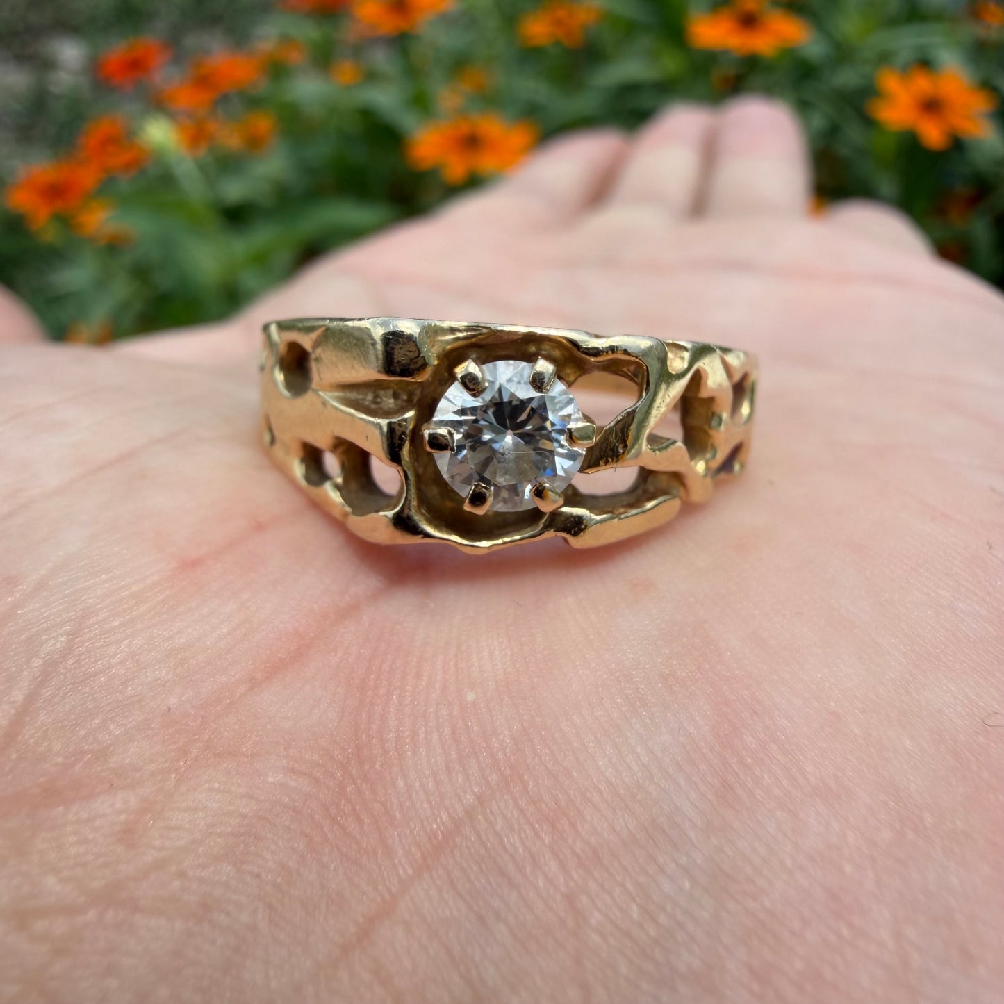 Vintage Solid 14k Yellow Gold .85ct Natural Old Euro Cut Diamond Solitaire Nugget Ring (11.5)
