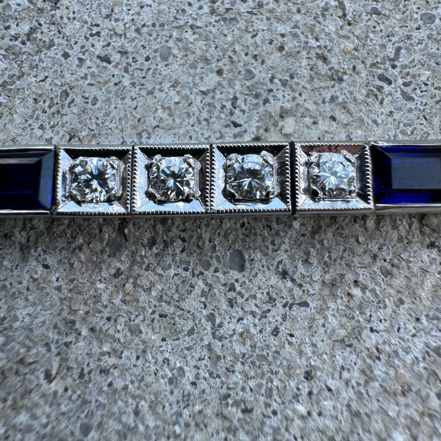 Art Deco 14k White Gold 5.0ctw French Cut Sapphire 1.5ctw Natural VS Diamond Tennis Bracelet (7.5”)