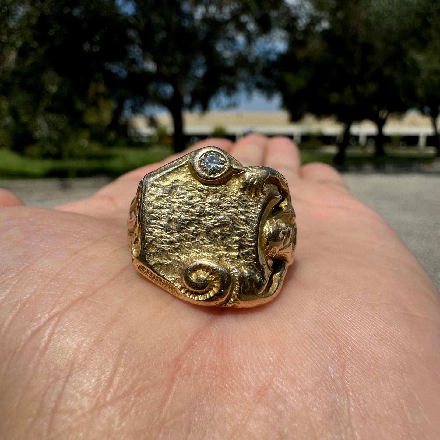 Art Nouveau Solid 14k Yellow Gold Mermaid Scroll Signet Ring (11)