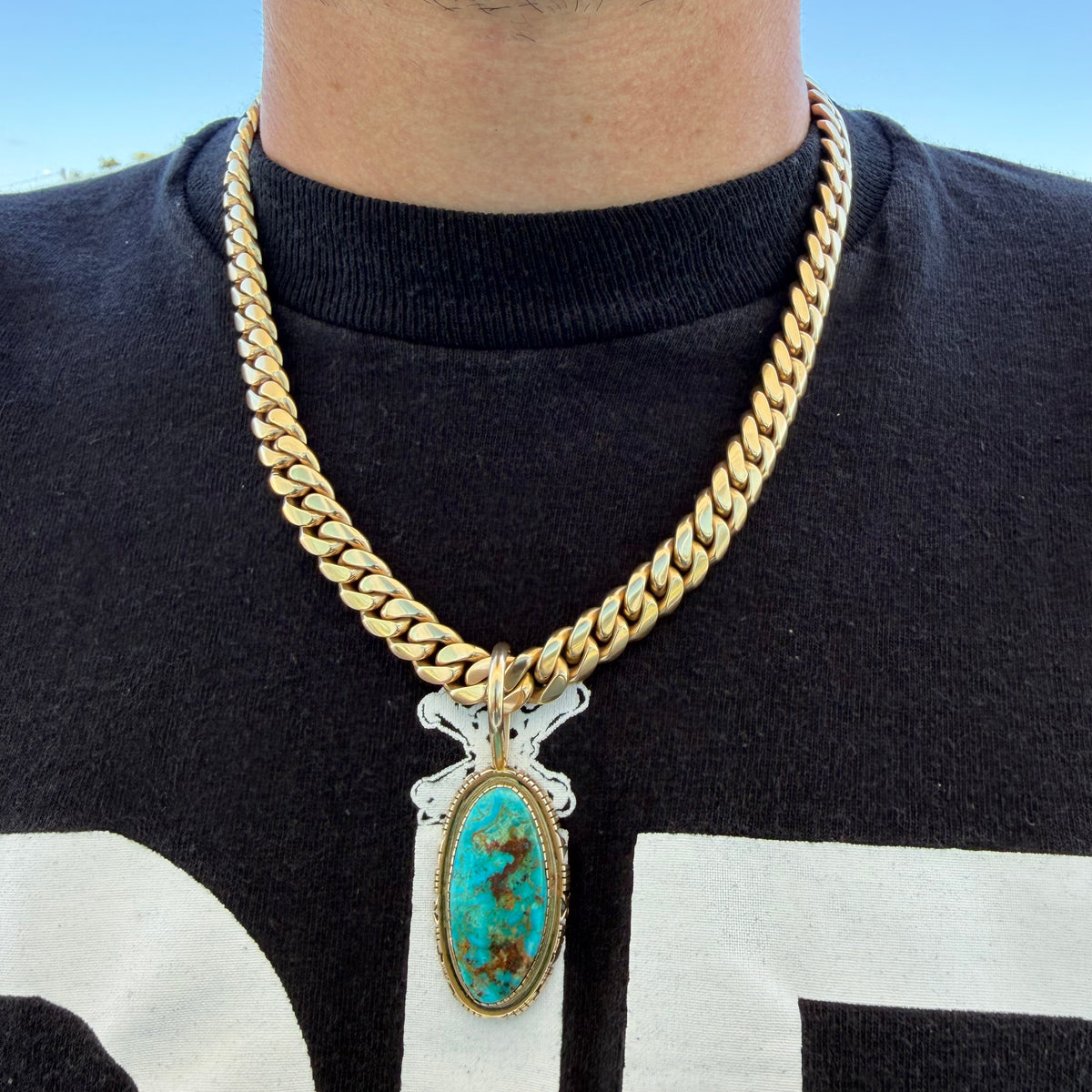 Vintage Solid 14k Yellow Gold Large “Pilot Mountain” Turquoise Pendant Navajo Artist Signed Leonard Nez