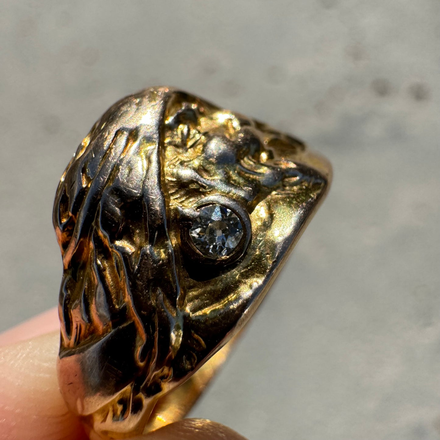 Early 1900’s Art Nouveau Solid 12k Yellow Gold Old Euro Cut Diamond Pirate Figural Ring (11)
