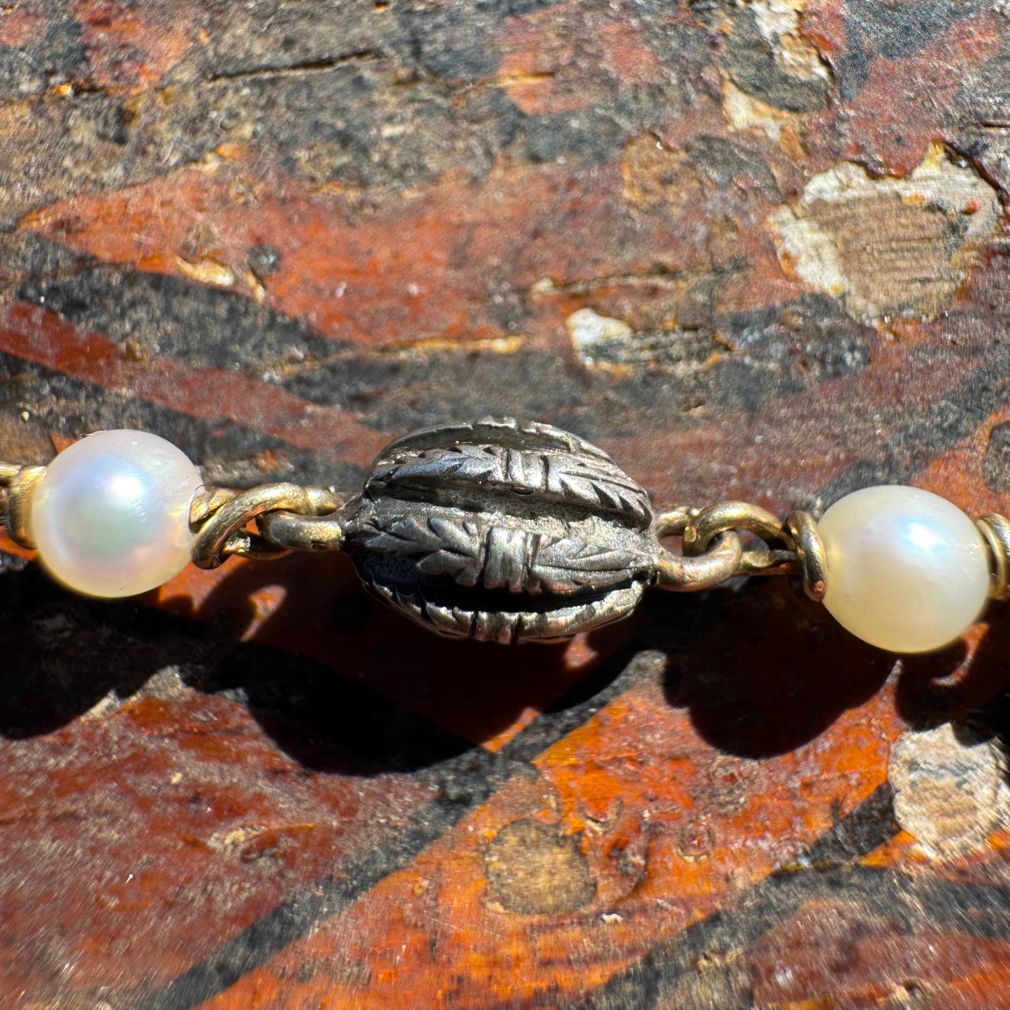 Early 1800’s Georgian Era Solid 18k Yellow Gold Sterling SIlver Rose Cut Diamond Raw Emerald Seed Pearl Bracelet (6.5”)