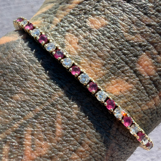 Vintage Solid 14k Yellow Gold 3.0ctw Natural Diamond And Ruby Tennis Bracelet (6.5”)