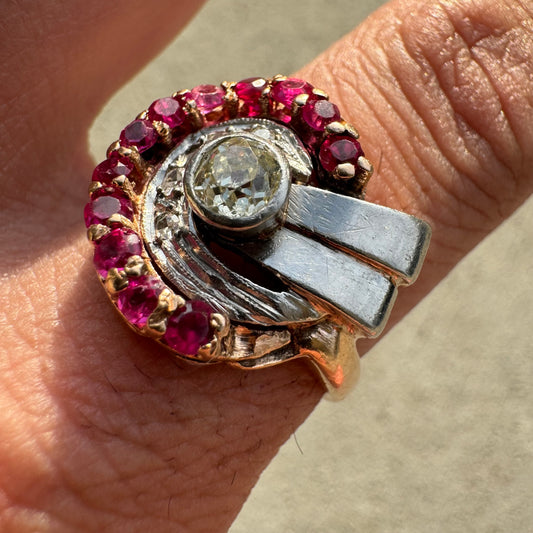 Retro 1940’s 14k Gold .50ct Natural Euro Cut Diamond .60ctw Ruby Tank Ring (9)