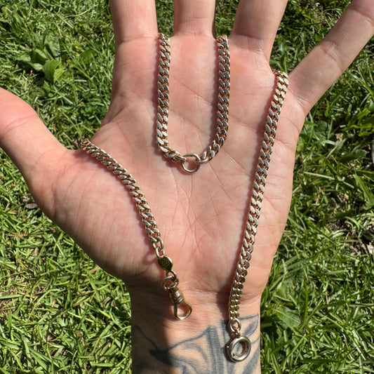 Dated 1909 Solid 14k Yellow Gold Heavyweight Cuban Curb Link Watch Chain Necklace (20”)