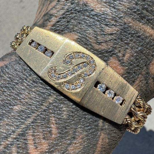 Vintage Custom Solid 14k Yellow Gold 1.0ctw Natural Diamond “B” Nameplate Triple Rope Bracelet (8”)