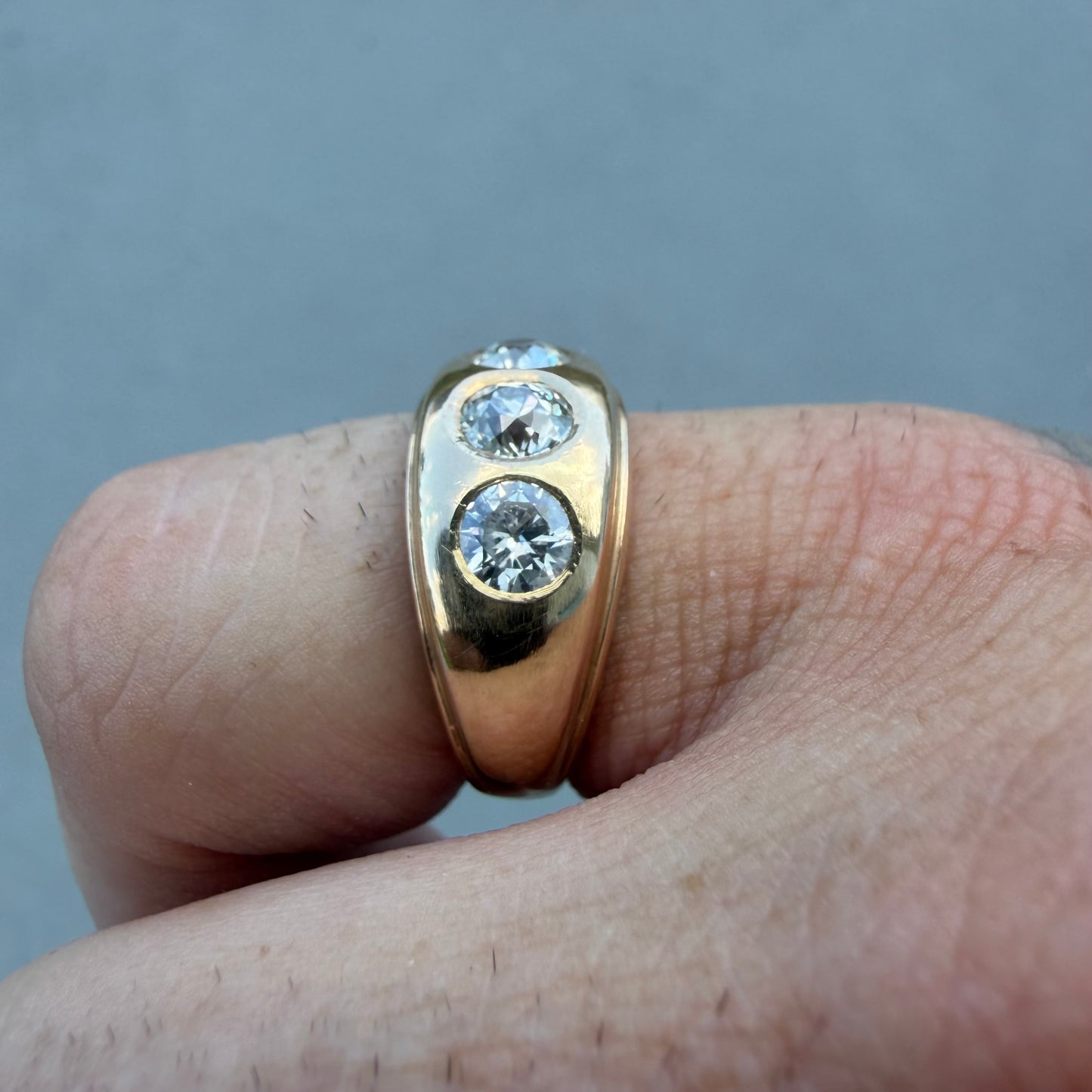Art Deco Solid 14k Yellow Gold 1.20ctw Natural Old Cut Diamond Gypsy Trilogy Ring (6.5)