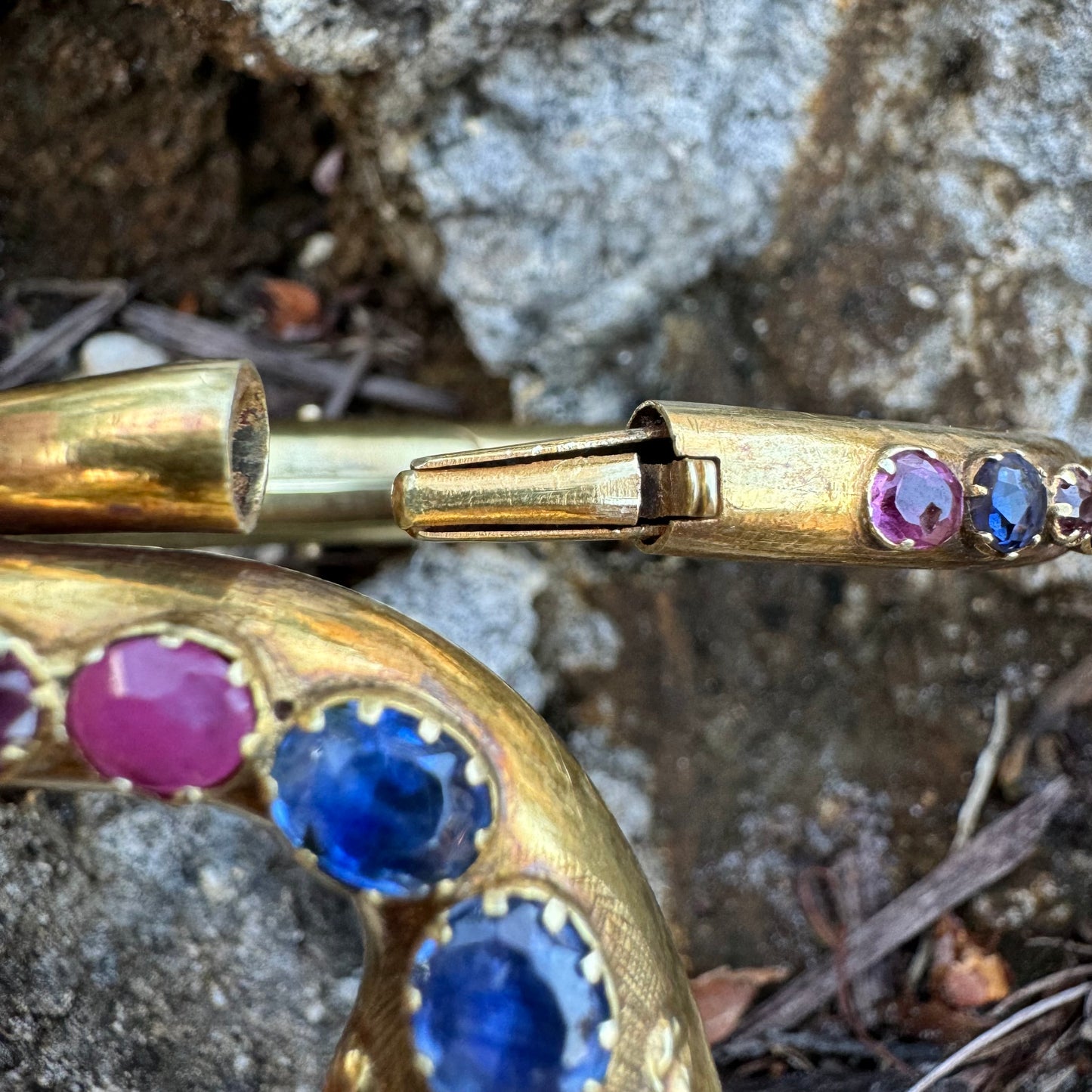 Mid 1800’s 15k Yellow Gold Blue And Pink Sapphire Encrusted Snake Bracelet (6”-7”)