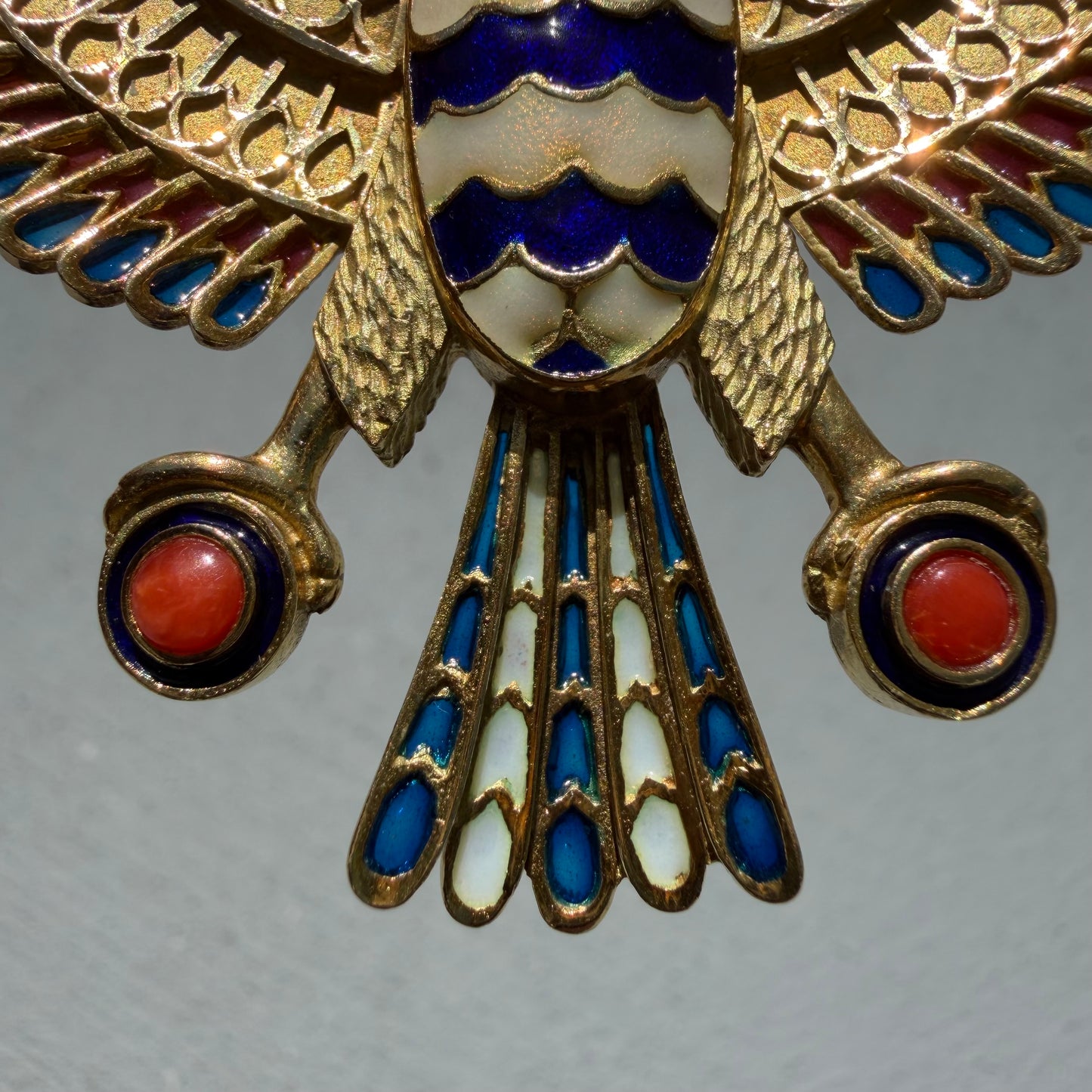 Vintage Solid 18k Yellow Gold Plique-à-Jour Large Egyptian Revival Horus Falcon Pendant/Brooch