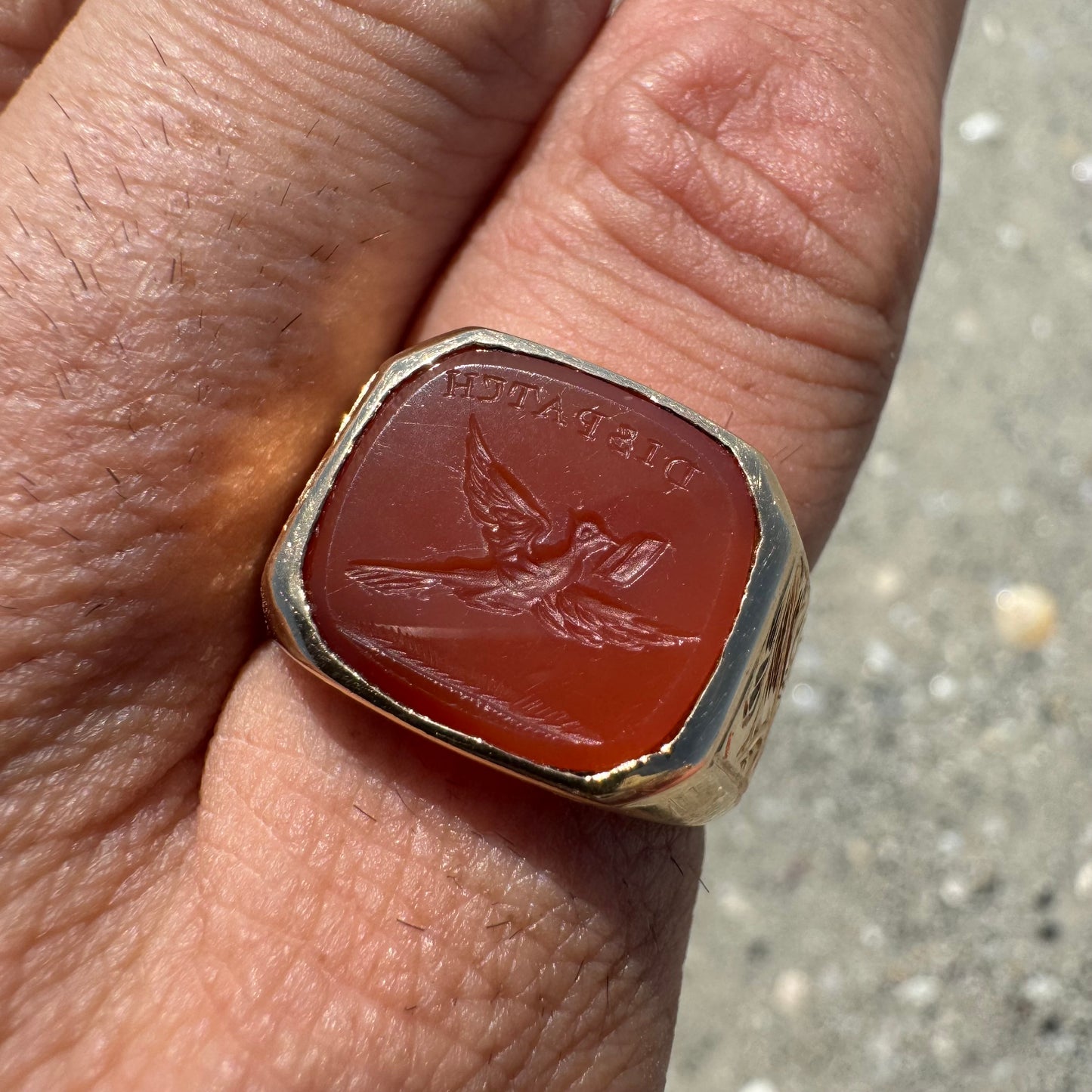 1800’s Victorian 14k Yellow Gold Carnelian Intaglio “Dispatch” Pigeon Post Signet Ring (7-7.5)