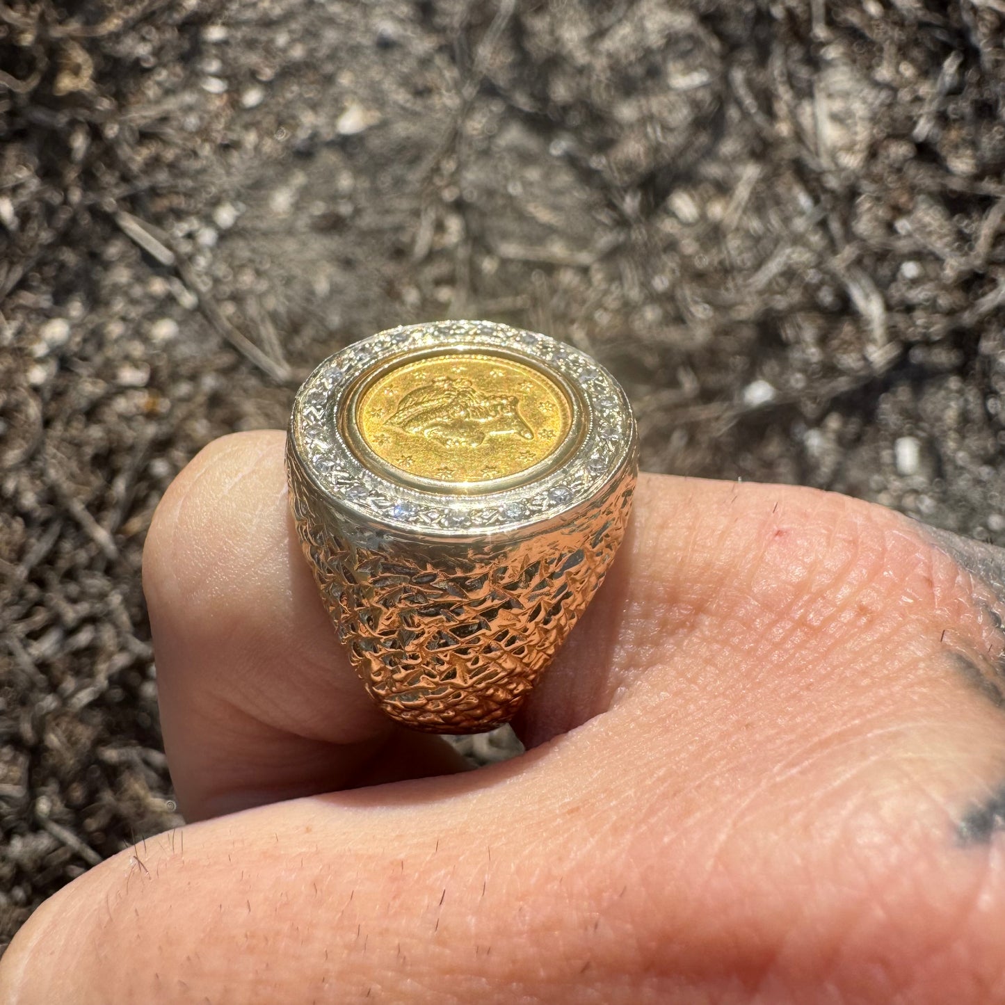 1853 $1 Gold Liberty Coin (22k) Solid 14k Yellow Gold Natural Diamond Halo Nugget Ring (7)