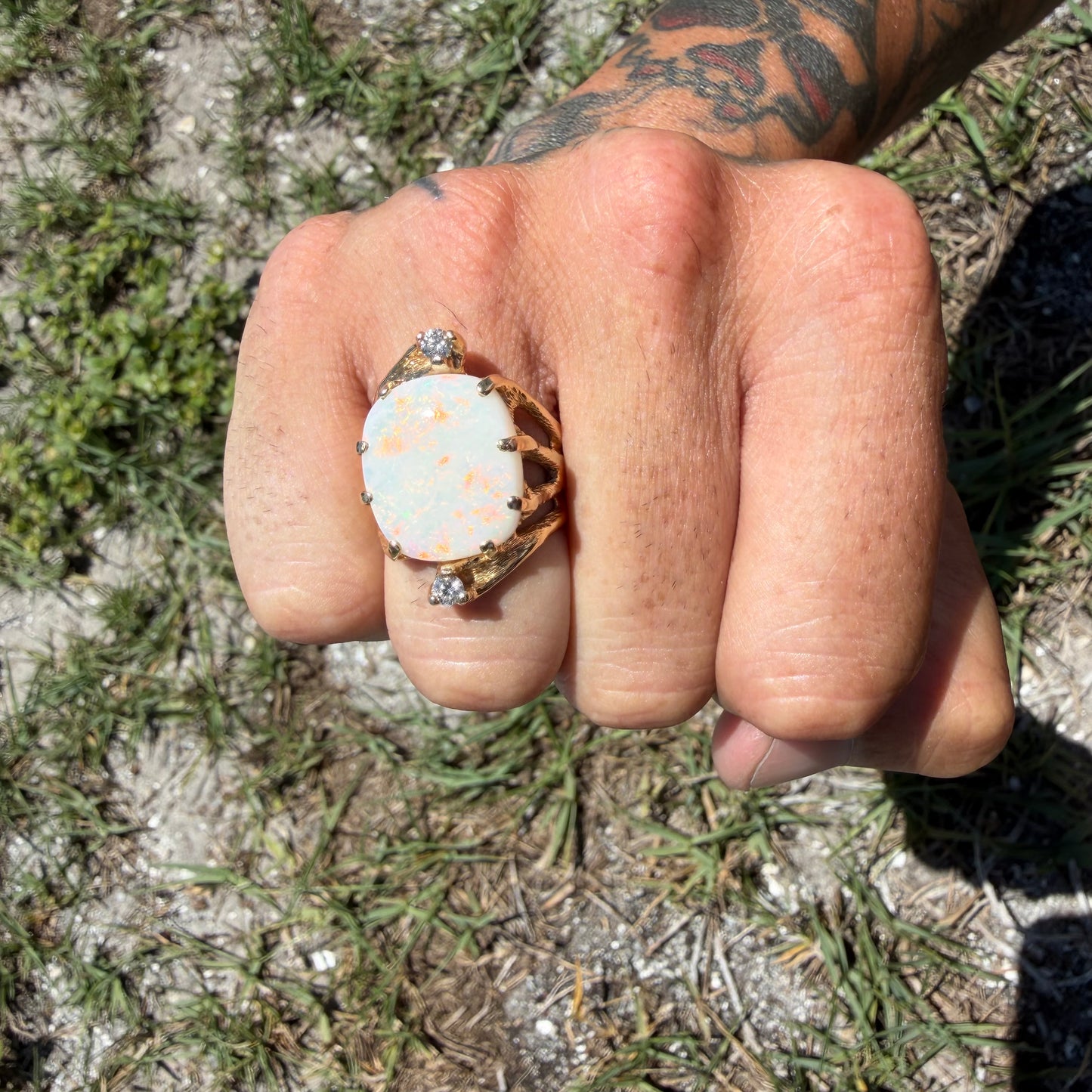 Vintage Artisan Crafted Solid 14k Yellow Gold Natural White Opal And Diamond Brutalist Ring (8)