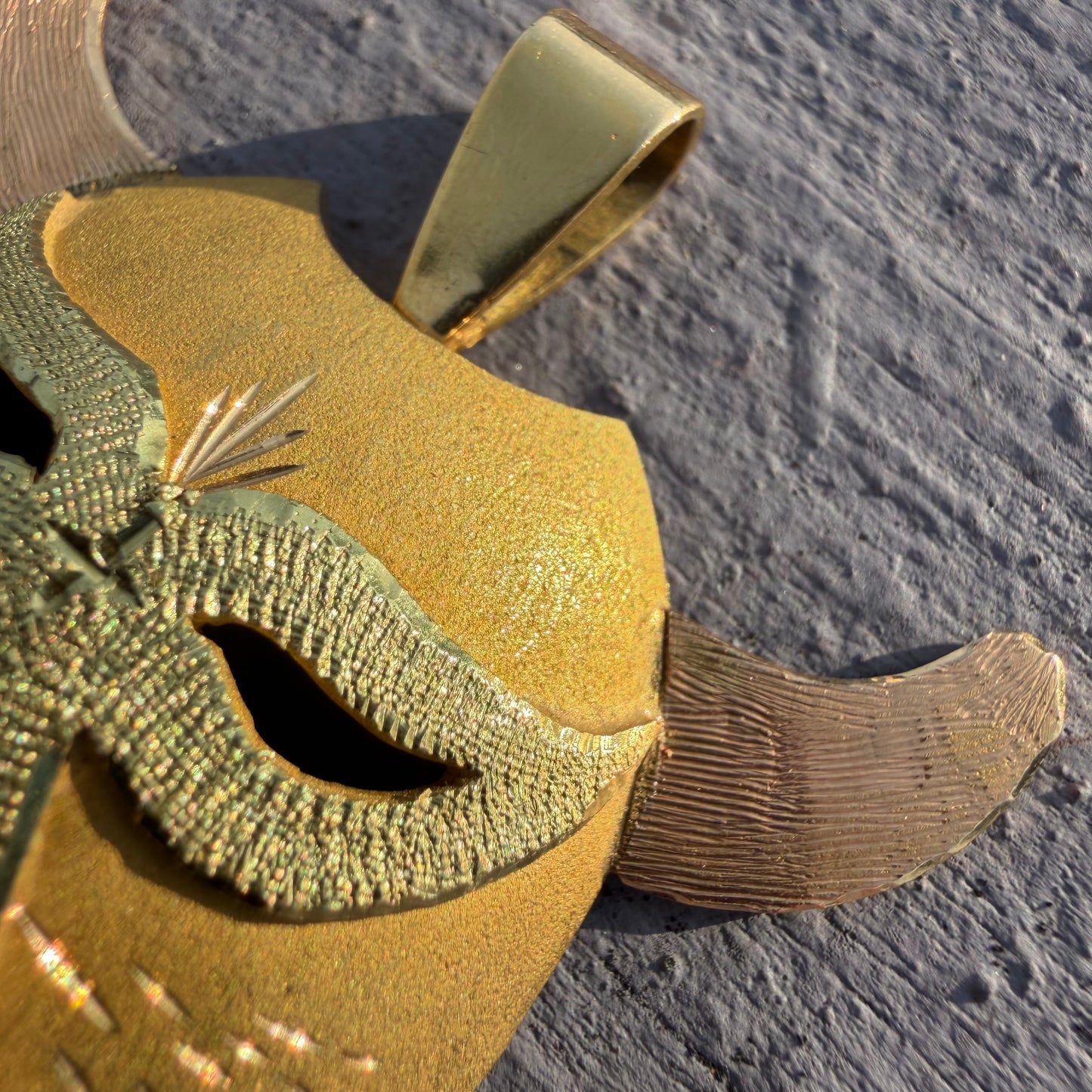 Mid-Century Solid 18k Gold Large Mexican Folkart Diablo Mask Pendant