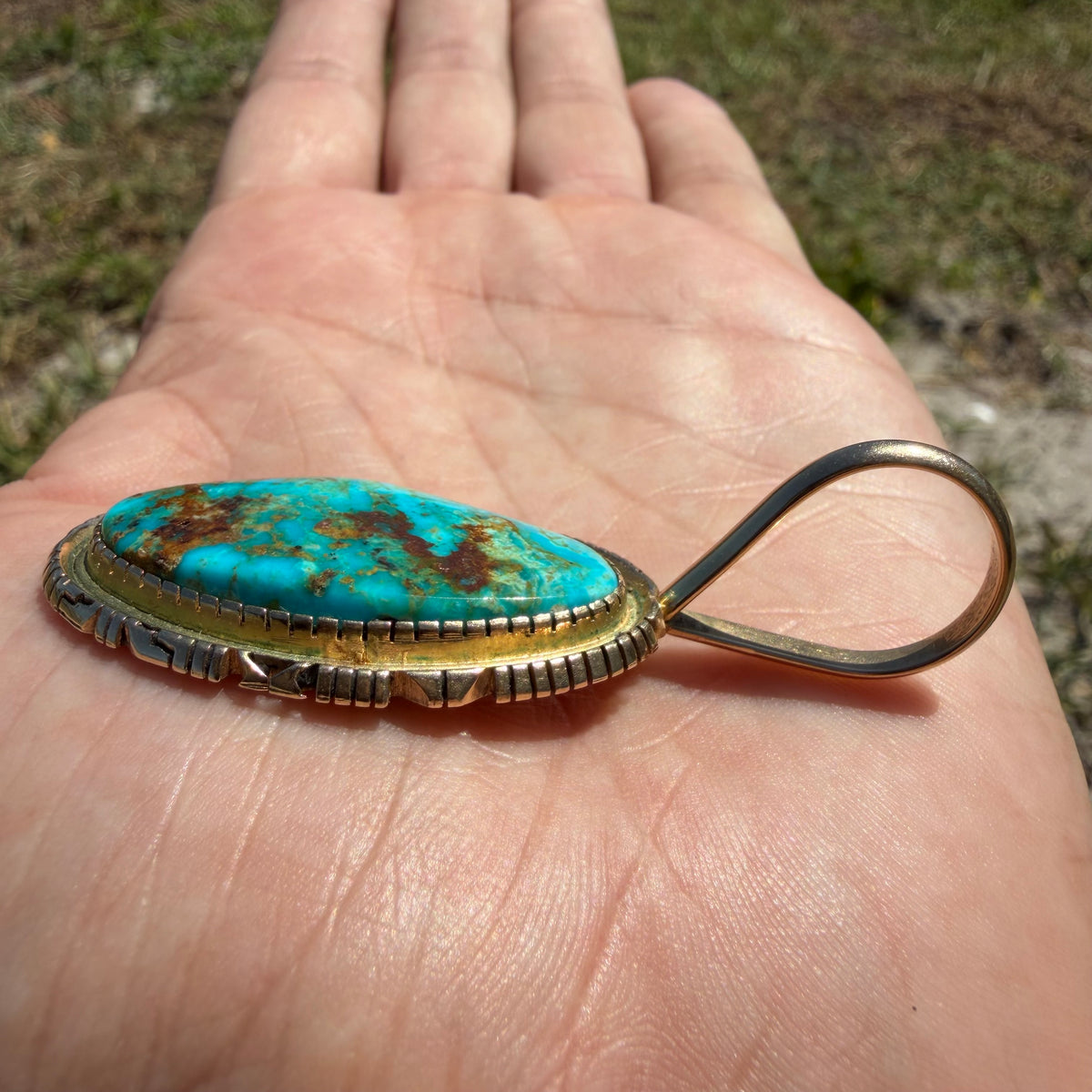 Vintage Solid 14k Yellow Gold Large “Pilot Mountain” Turquoise Pendant Navajo Artist Signed Leonard Nez