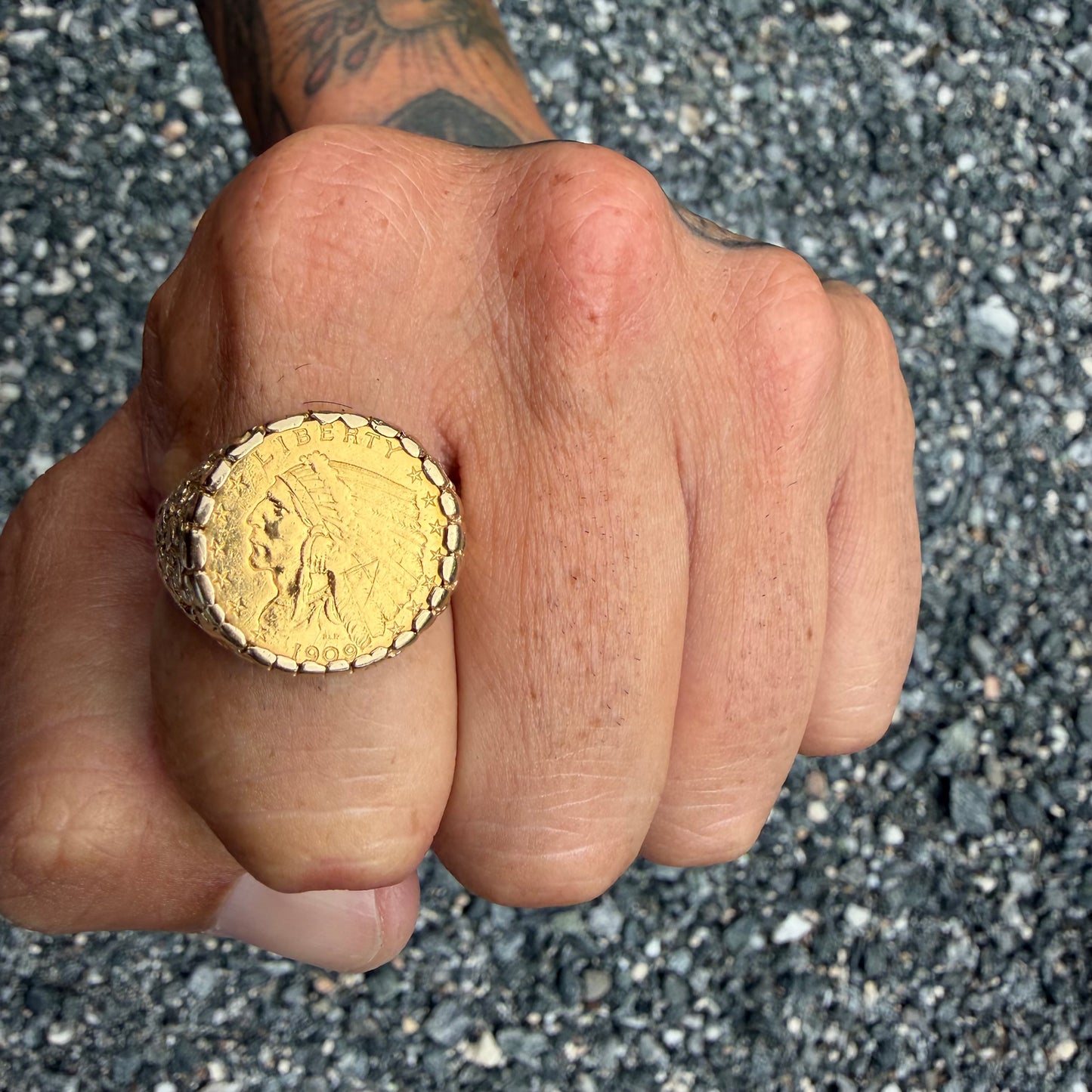 1909 Indian Head $2.50 Gold Coin 14k Yellow Gold Nugget Ring (11.5)