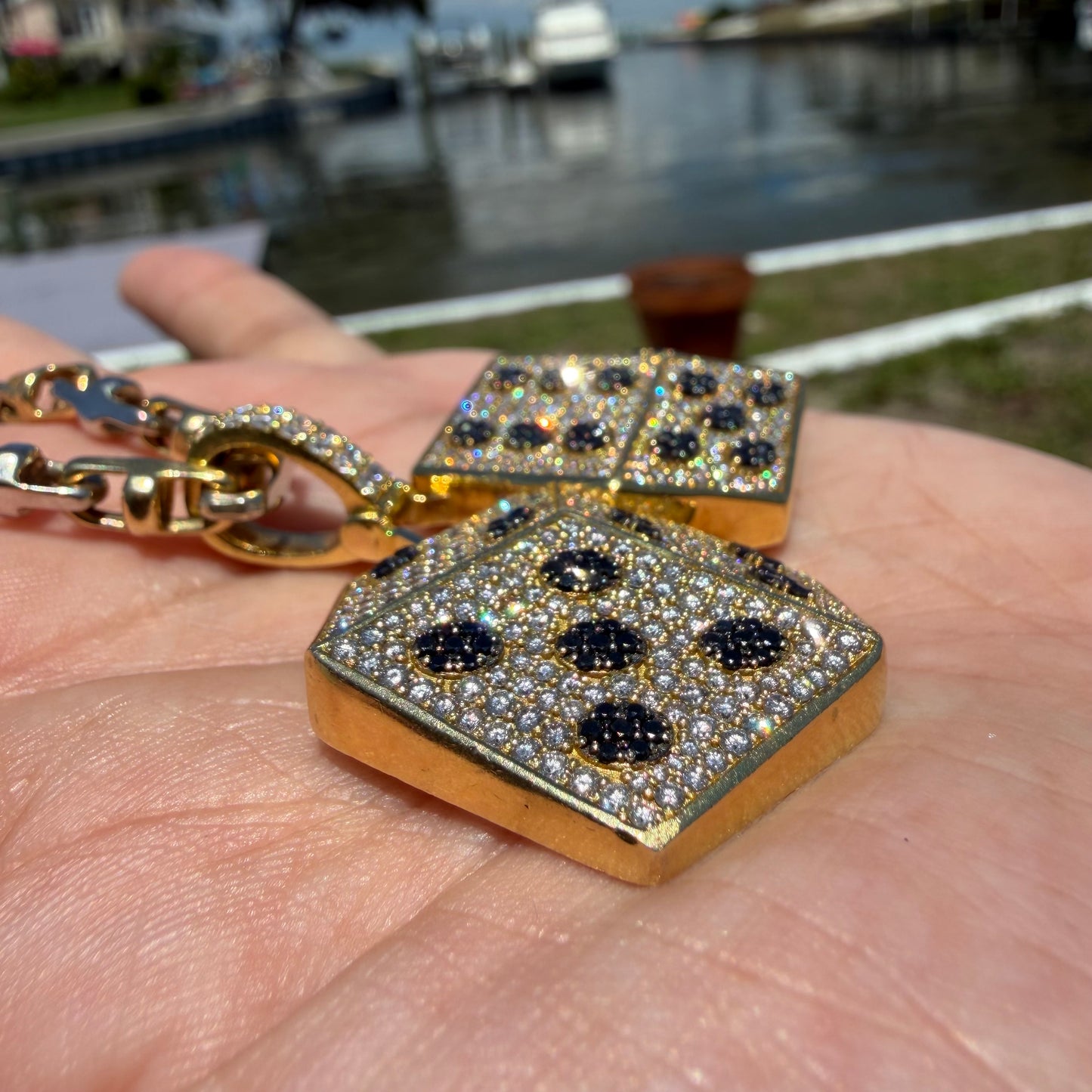 Custom Made Solid 18k Yellow Gold 5.15CTW Natural VS Diamond Encrusted Dice Pendant