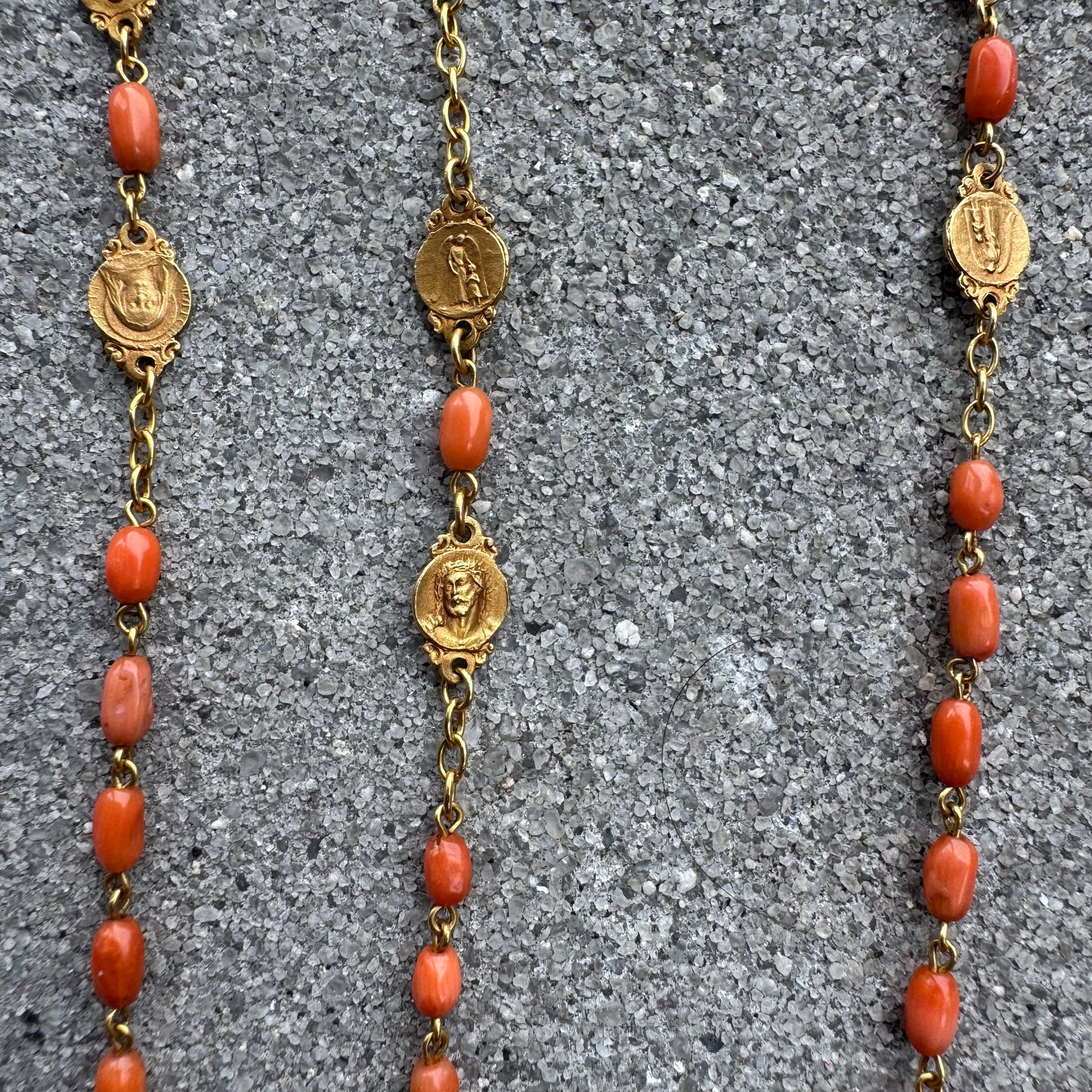 Antique French Hallmarked 18k Yellow Gold Angel Skin Coral Rosary Necklace (23”)