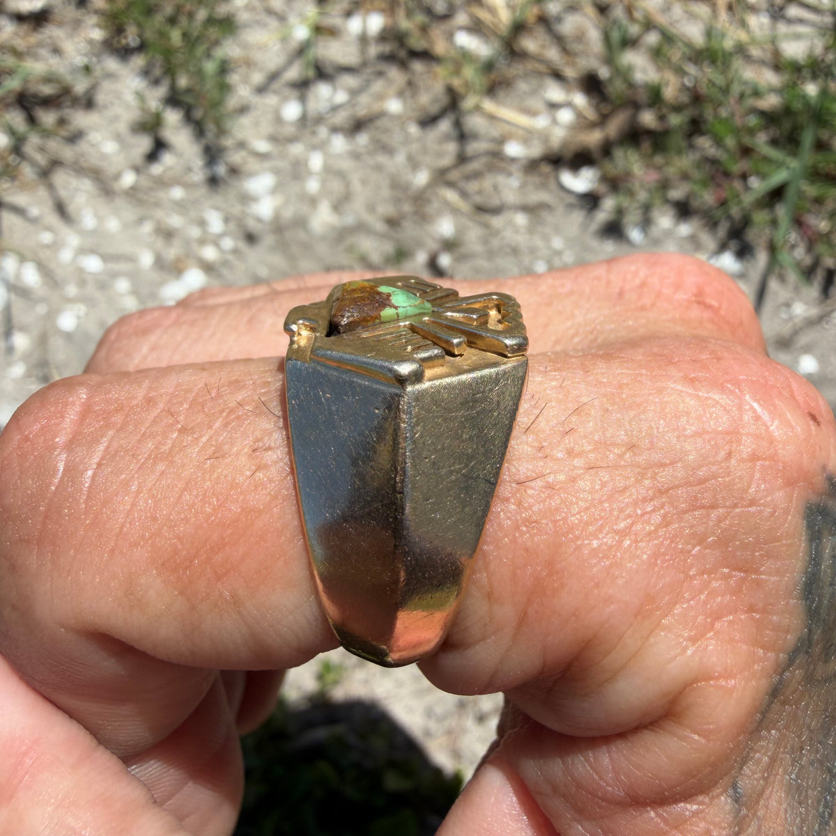 Mid-Century Solid 14k Yellow Gold Heavyweight Turquoise Thunderbird Signet Ring (11.5)