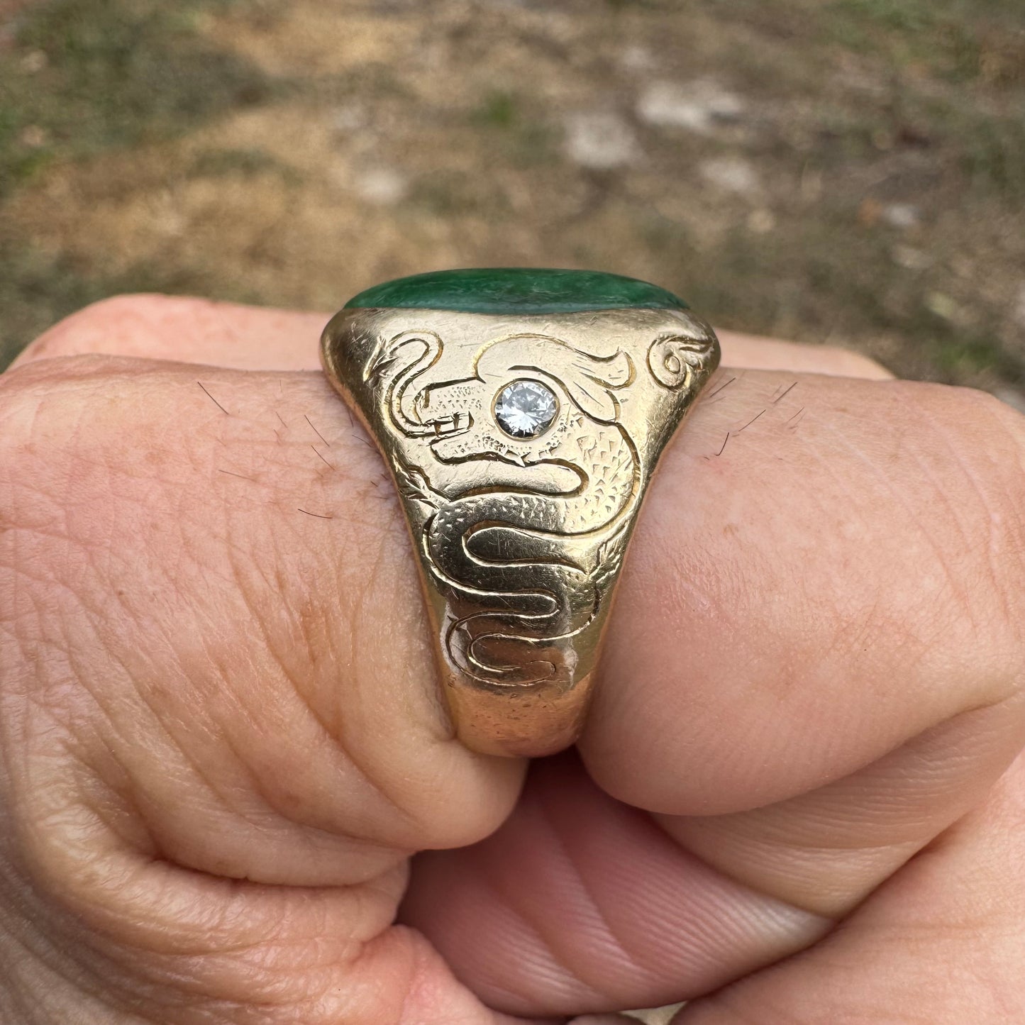 Art Deco Solid 14k Yellow Gold Jade & Diamond Dragon & Floral Carved Signet Ring By Larter And Sons (9.5)
