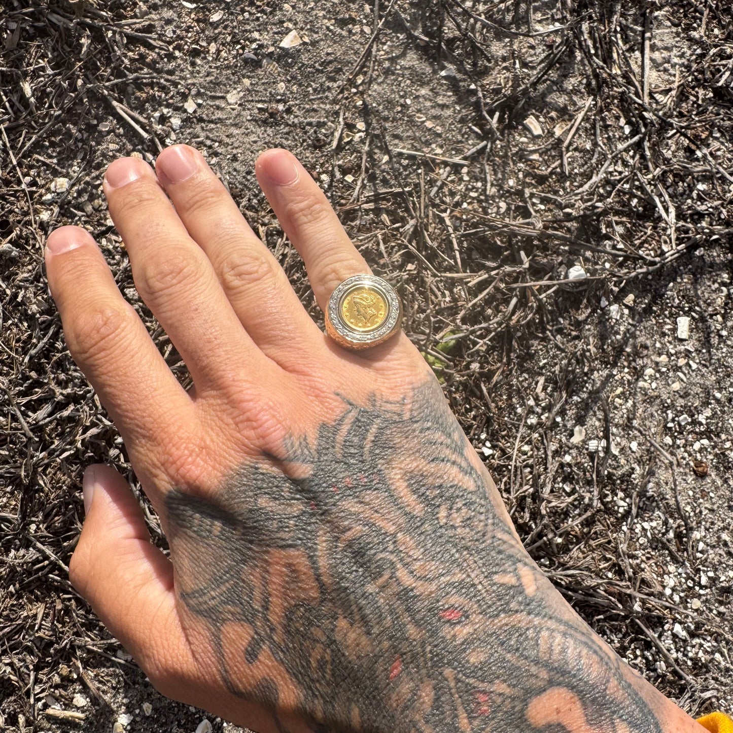 1853 $1 Gold Liberty Coin (22k) Solid 14k Yellow Gold Natural Diamond Halo Nugget Ring (7)