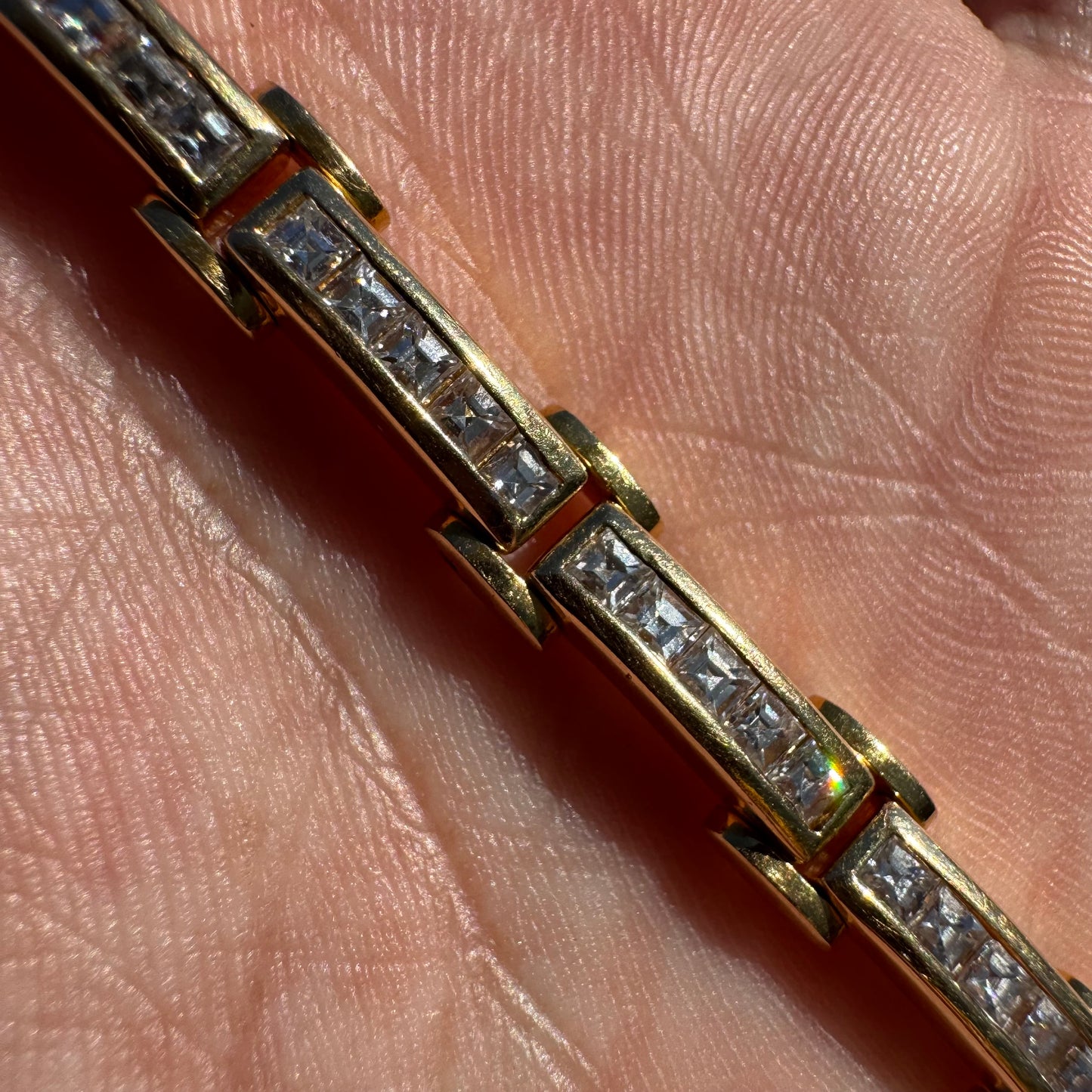 Vintage Custom Hand Crafted Solid 18k Yellow Gold 3.5CTW Natural Princess Cut Diamond Bracelet (6.5”)