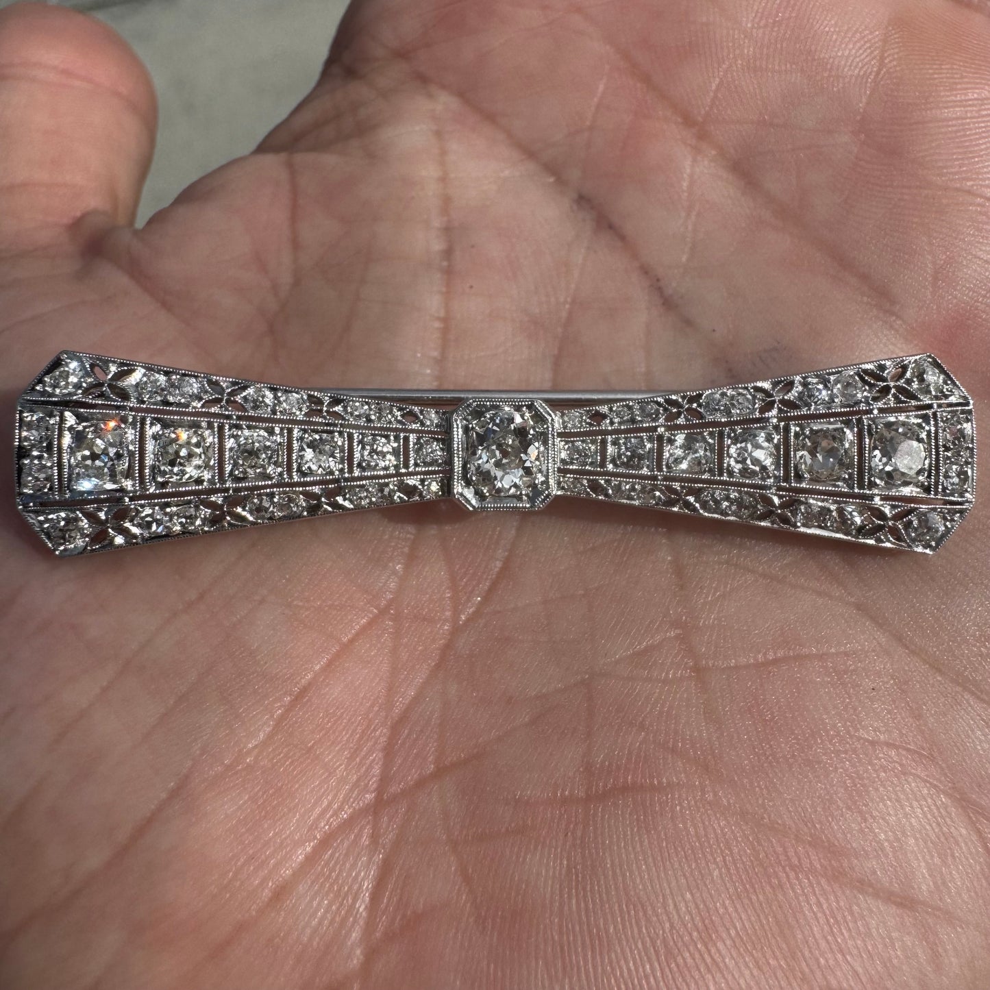 Victorian Solid Platinum 4.25ctw Natural Old Mine Cut Diamond Brooch