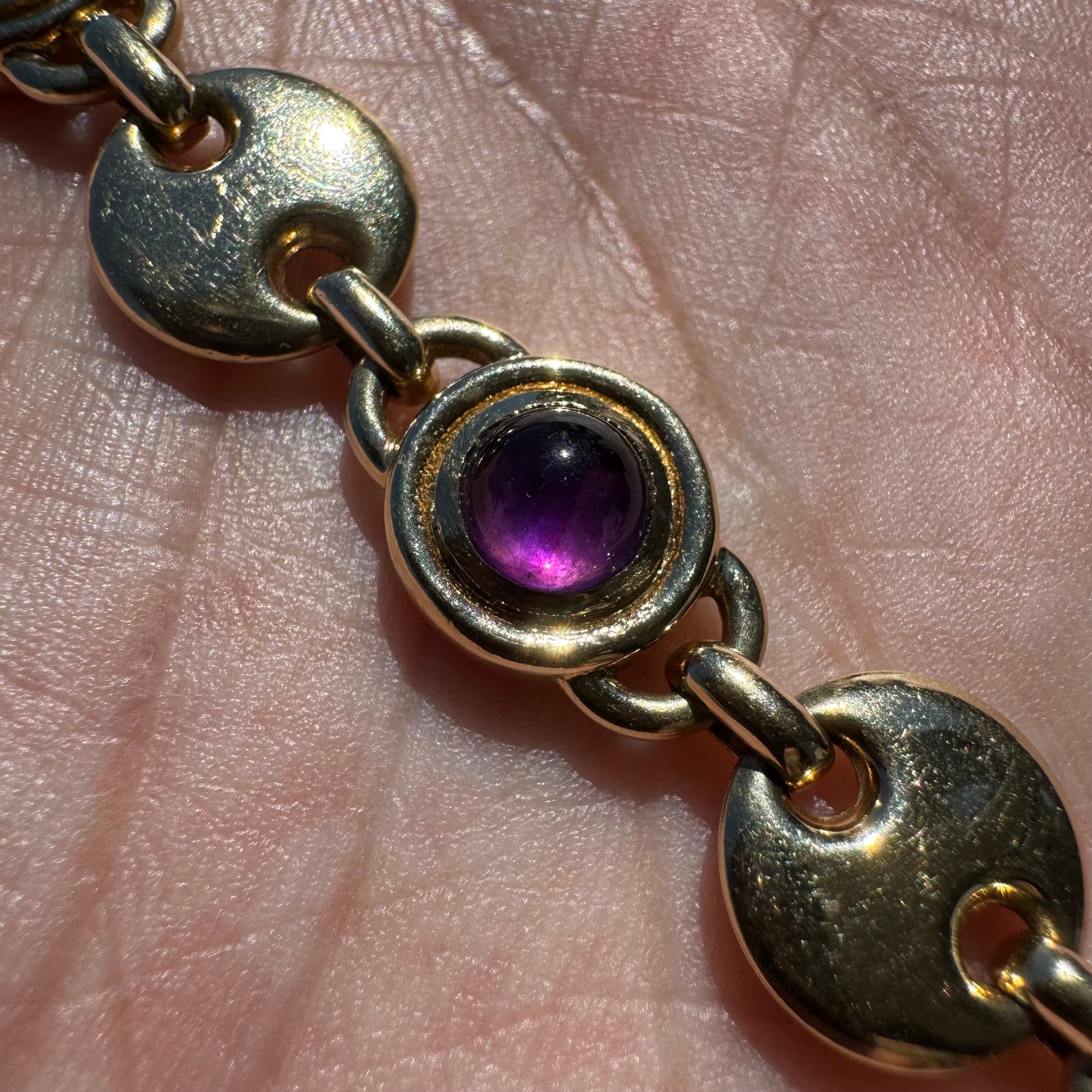 Vintage Solid 14k Italian Yellow Gold Bezel Set Multi Stone Heavyweight Puffed Gucci Bracelet (7.5”)