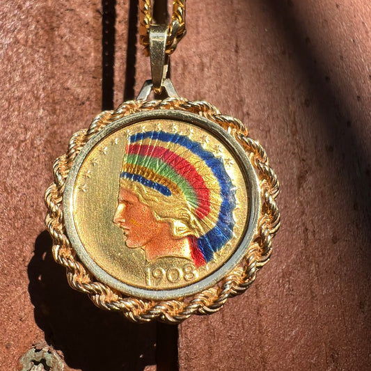 1908 “No Motto” $10 Indian Head Glass Enameled Coin Pendant