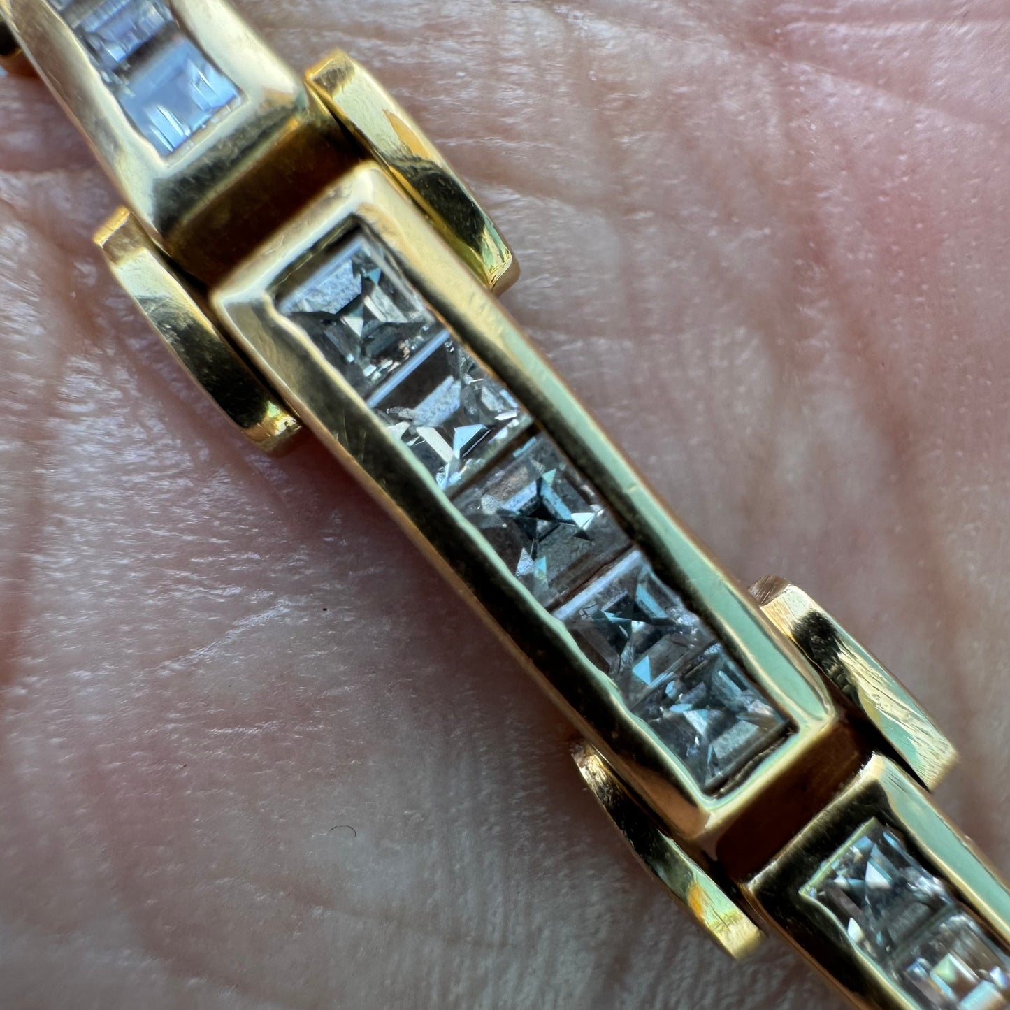 Vintage Custom Hand Crafted Solid 18k Yellow Gold 3.5CTW Natural Princess Cut Diamond Bracelet (6.5”)