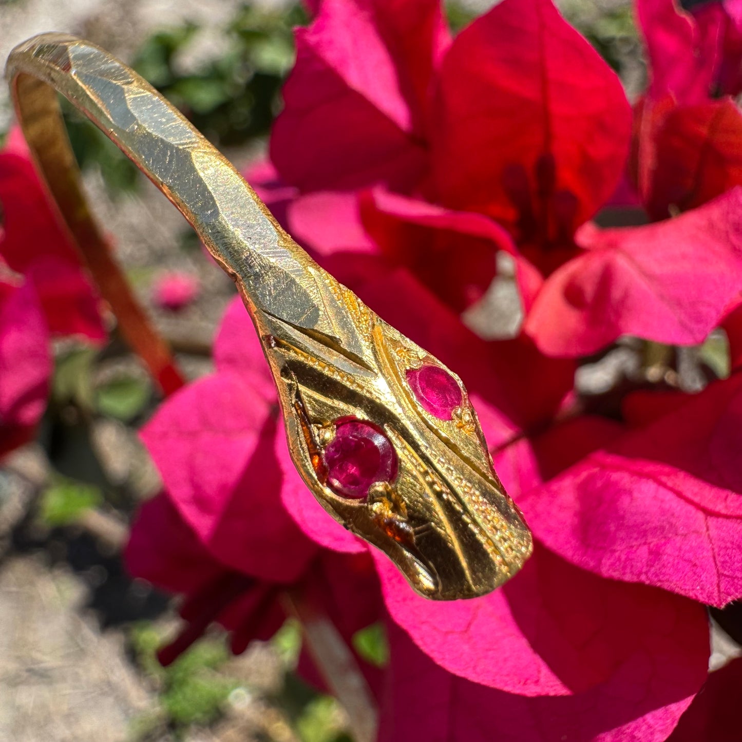 Vintage Solid 22k Yellow Gold Natural Ruby Wraparound Snake Bangle Bracelet (One Size Fits All)