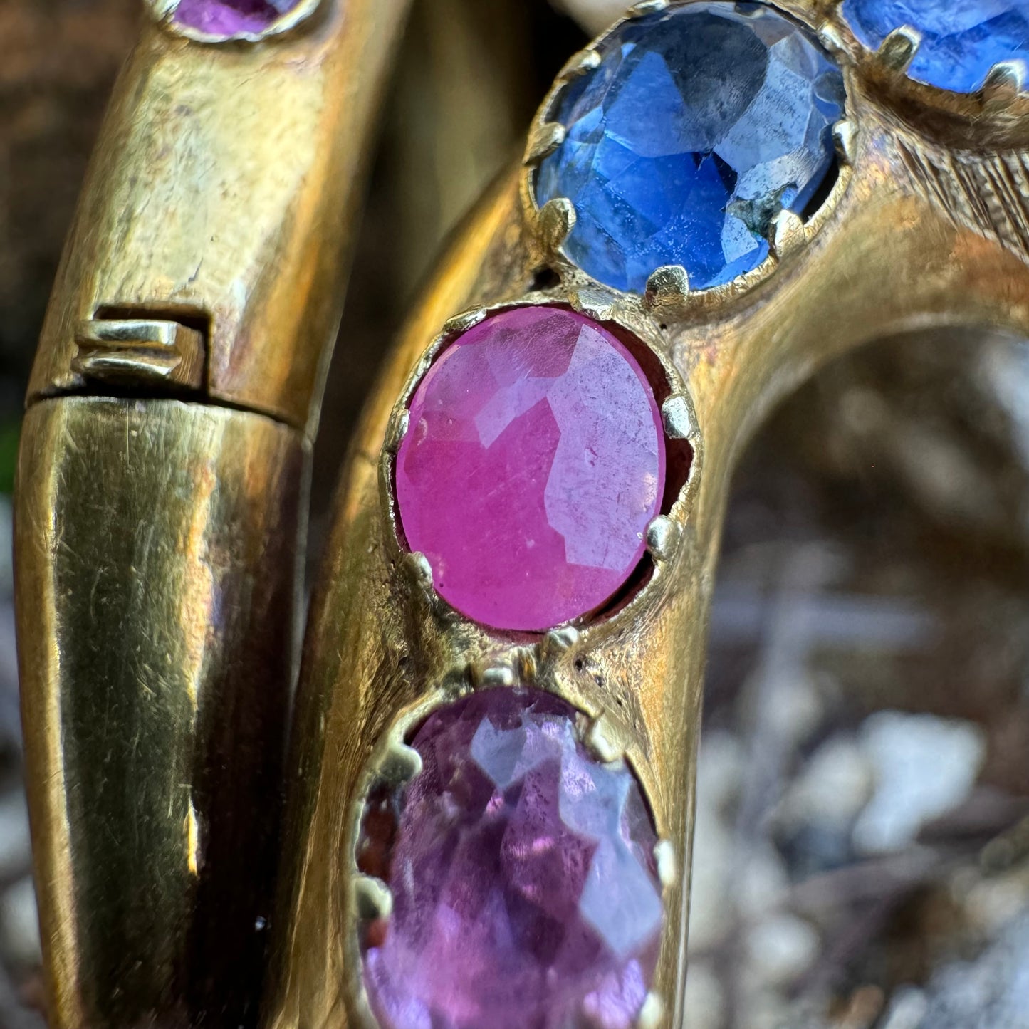 Mid 1800’s 15k Yellow Gold Blue And Pink Sapphire Encrusted Snake Bracelet (6”-7”)