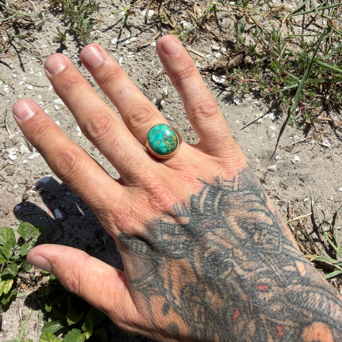 Vintage Solid 14k Yellow Gold Royston Turquoise Signet Ring (8)