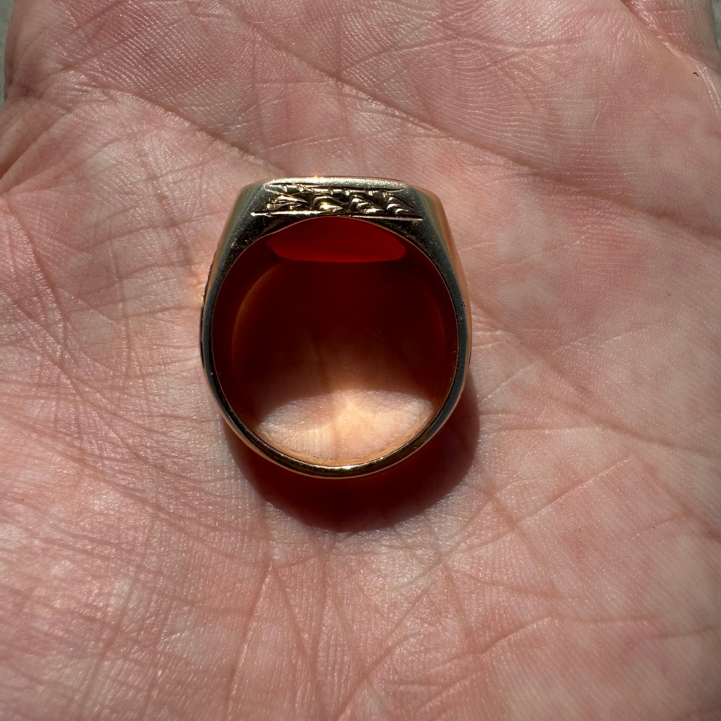 1800’s Victorian 14k Yellow Gold Carnelian Intaglio “Dispatch” Pigeon Post Signet Ring (7-7.5)