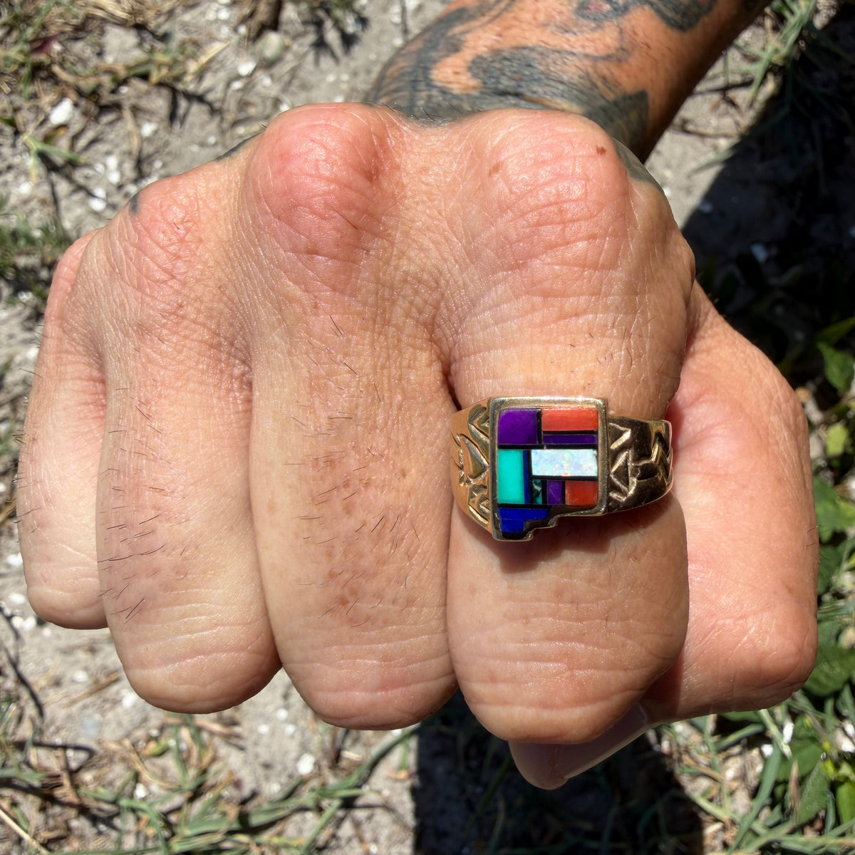 Vintage Native Southwestern Solid 14k Yellow Gold Multi-Stone Inlaid New Mexico State Ring (10)