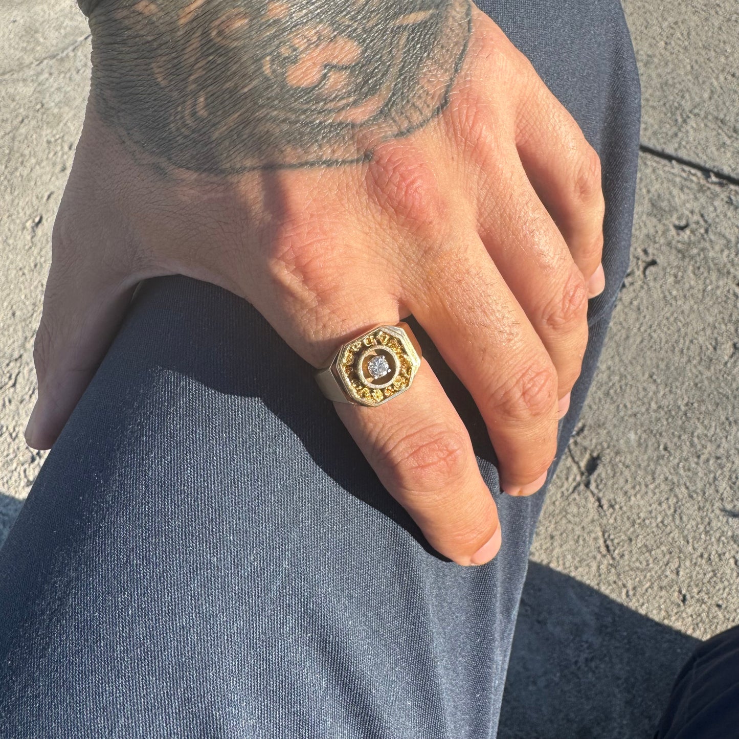 Vintage 14k Yellow Gold .35ct Natural Diamond 22k Raw Gold Nugget Inlaid Signet Ring (8.5)